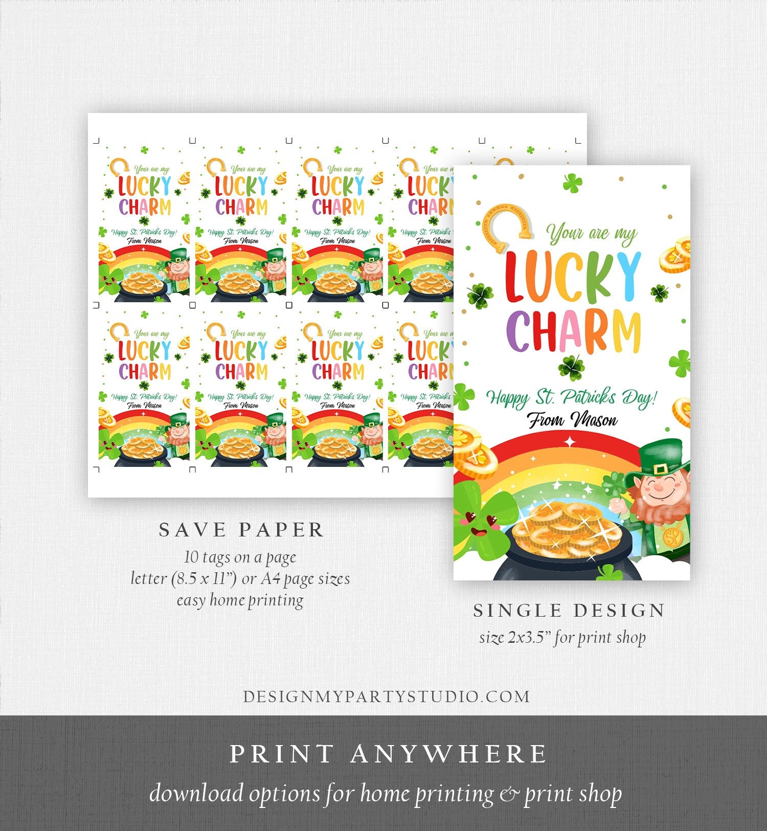 Editable St. Patrick's Day Tag You Are My Lucky Charm Rainbow Favor Tag Friend School Shamrock Cereal Coworker Friend Template Corjl 0451