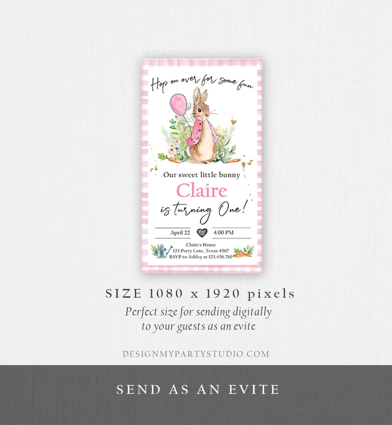 Editable Flopsy Rabbit Birthday Evite Electronic Girl Pink Rustic Bunny First Birthday Invitation Hop On Over Corjl Template Phone 0351