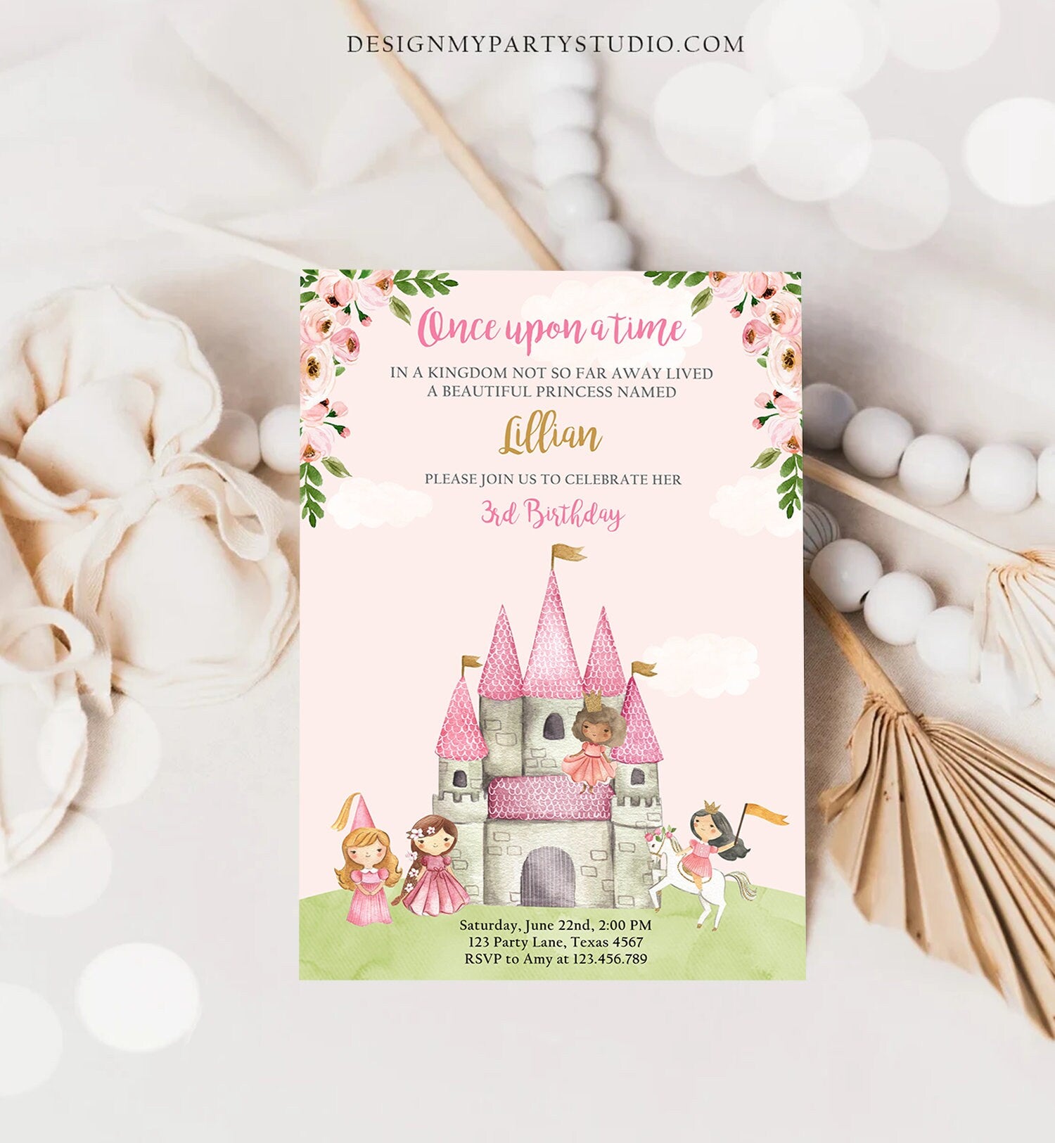 Editable Princess Birthday Invitation Once Upon a Time Princess Invitation Royal Birthday Girl Pink Castle Template Corjl Printable 0171