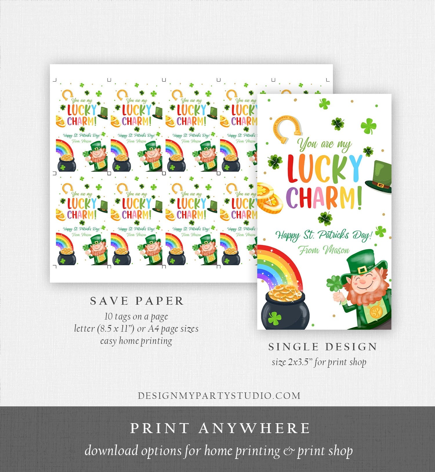 Editable St. Patrick's Day Tag You Are My Lucky Charm Rainbow Favor Tag Friend School Shamrock Cereal Coworker Friend Template Corjl 0451