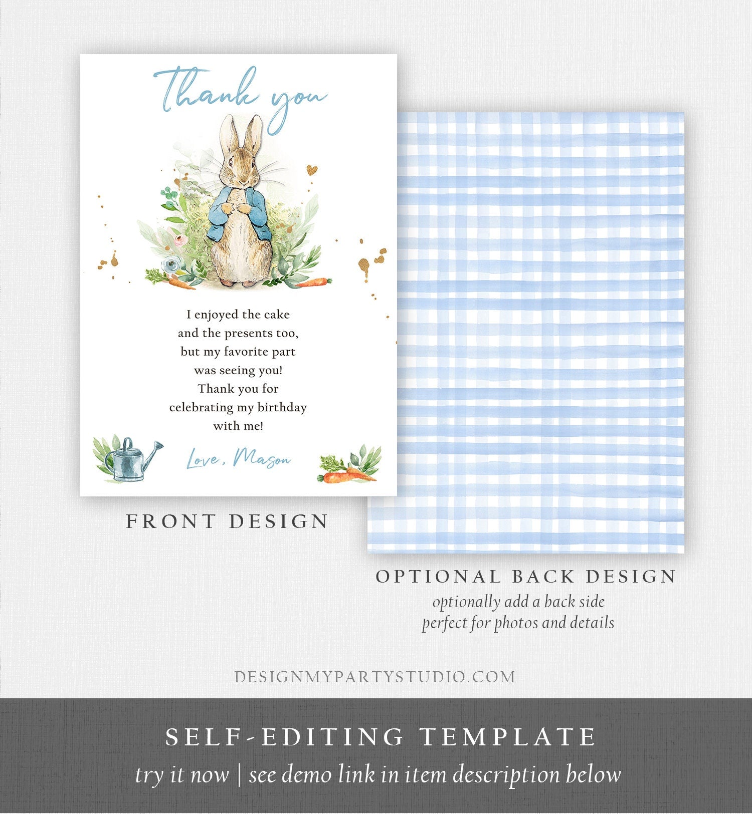 Editable Peter Rabbit Birthday Thank You Card Blue Boy Baby Shower Rustic Peter Rabbit Spring Bunny Digital Corjl Template Printable 0351