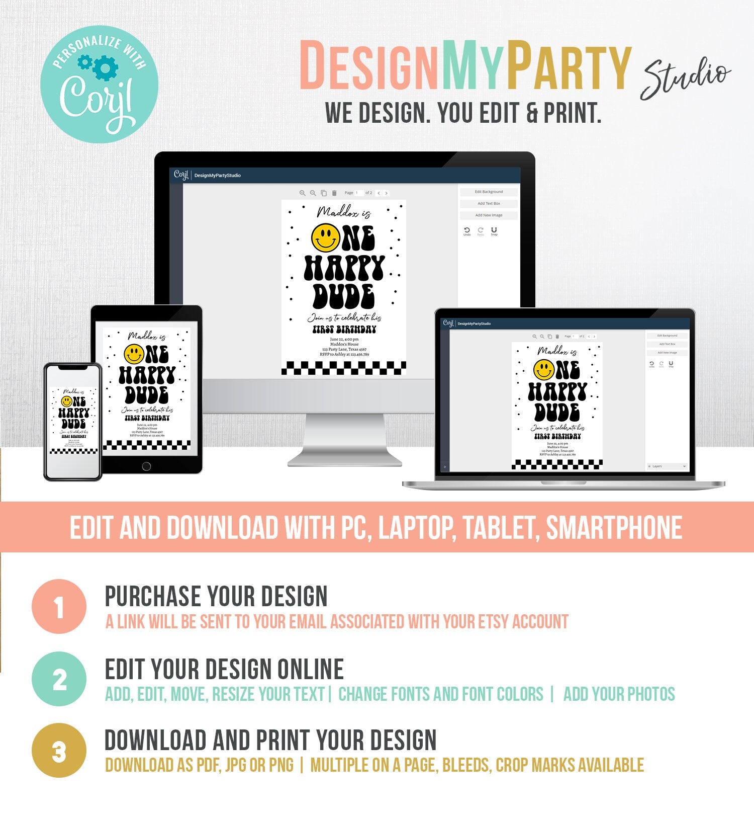 Editable One Happy Dude Birthday Invitation Boy 1st Birthday Invite Smiley Face Birthday Girl Download Printable Template Digital Corjl 0456