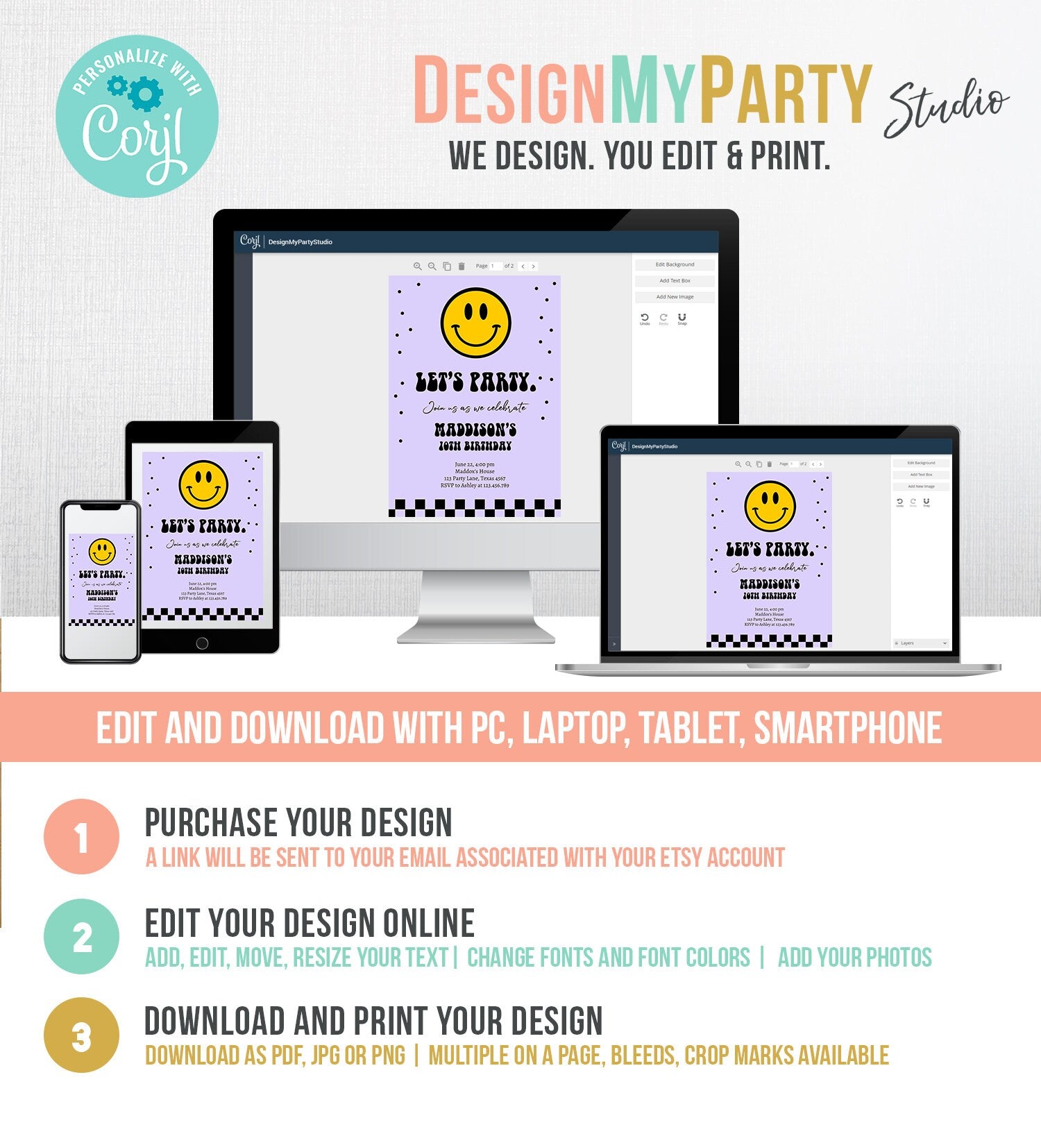 Editable Smiley Birthday Invitation Girl Smiley Face Invite Let's Party Teen 10th 13th 15th Download Printable Template Digital Corjl 0456