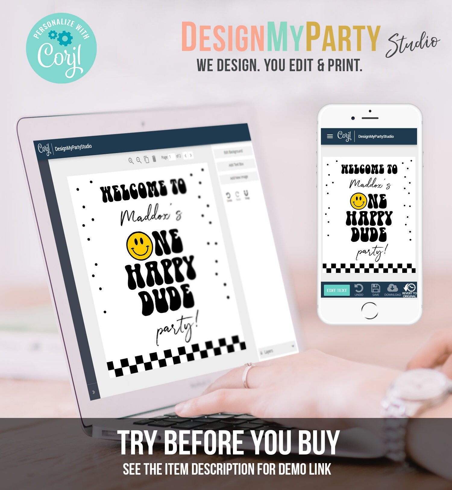Editable Smiley Face Welcome Sign One Happy Dude Birthday Welcome Poster Boy 1st Birthday Teen Checkered Decor Template Corjl PRINTABLE 0456