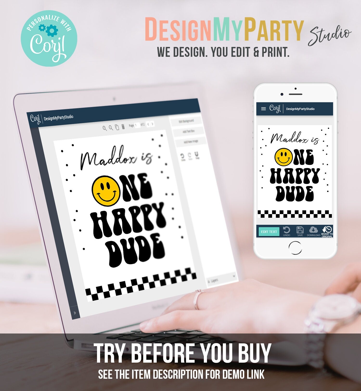Editable Smiley Face Welcome Sign One Happy Dude Birthday Welcome Poster Boy 1st Birthday Photo Prop Decor Template Corjl PRINTABLE 0456