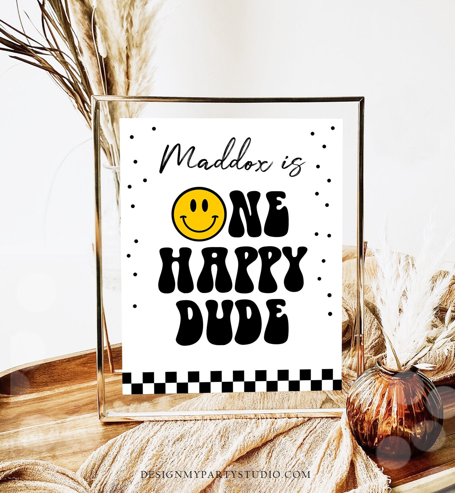 Editable Smiley Face Welcome Sign One Happy Dude Birthday Welcome Poster Boy 1st Birthday Photo Prop Decor Template Corjl PRINTABLE 0456