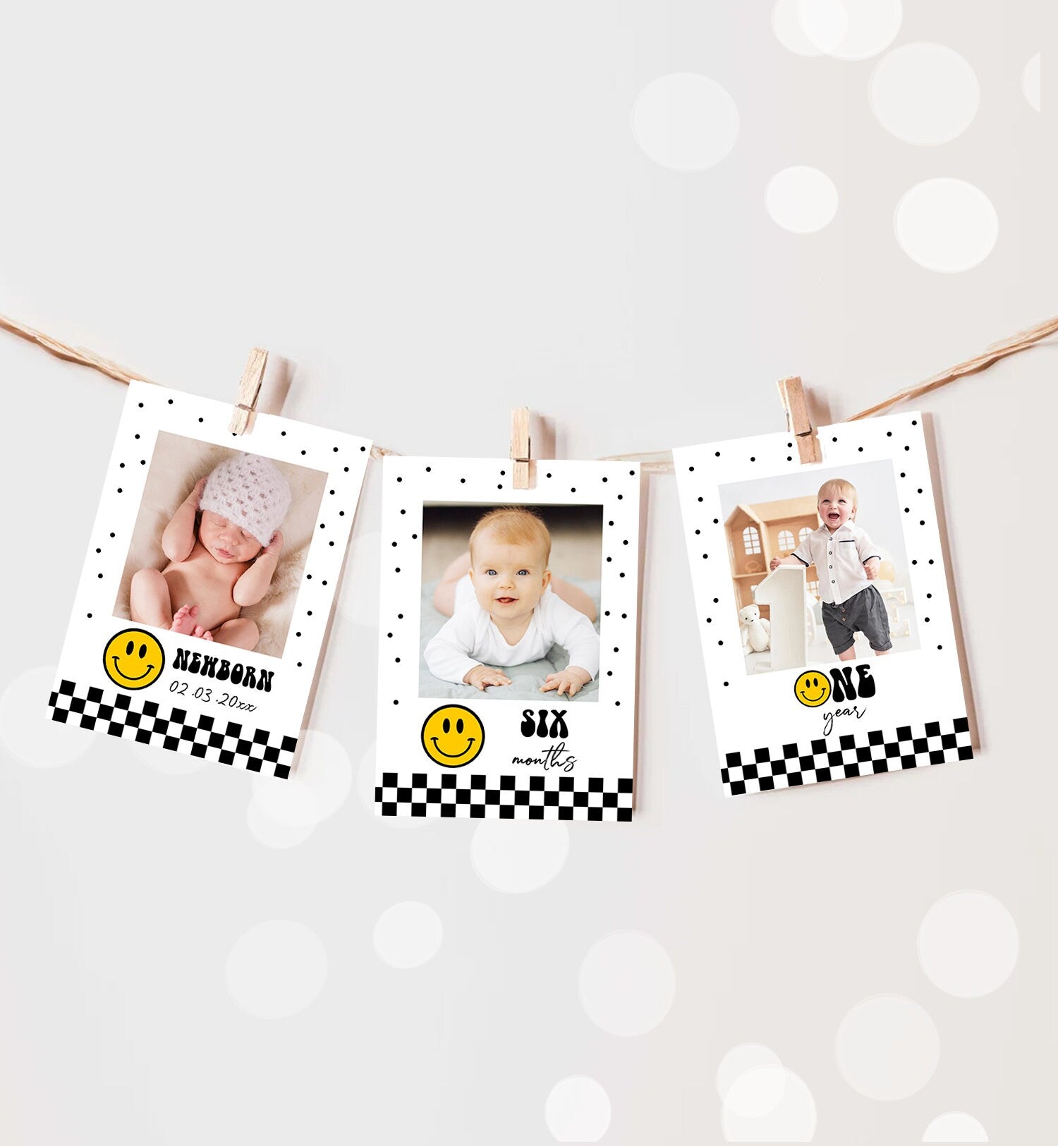 Editable First Year Photo Banner Happy Face Monthly Photo Banner First Birthday Banner Boy One Happy Dude Birthday Decor Corjl Template 0456
