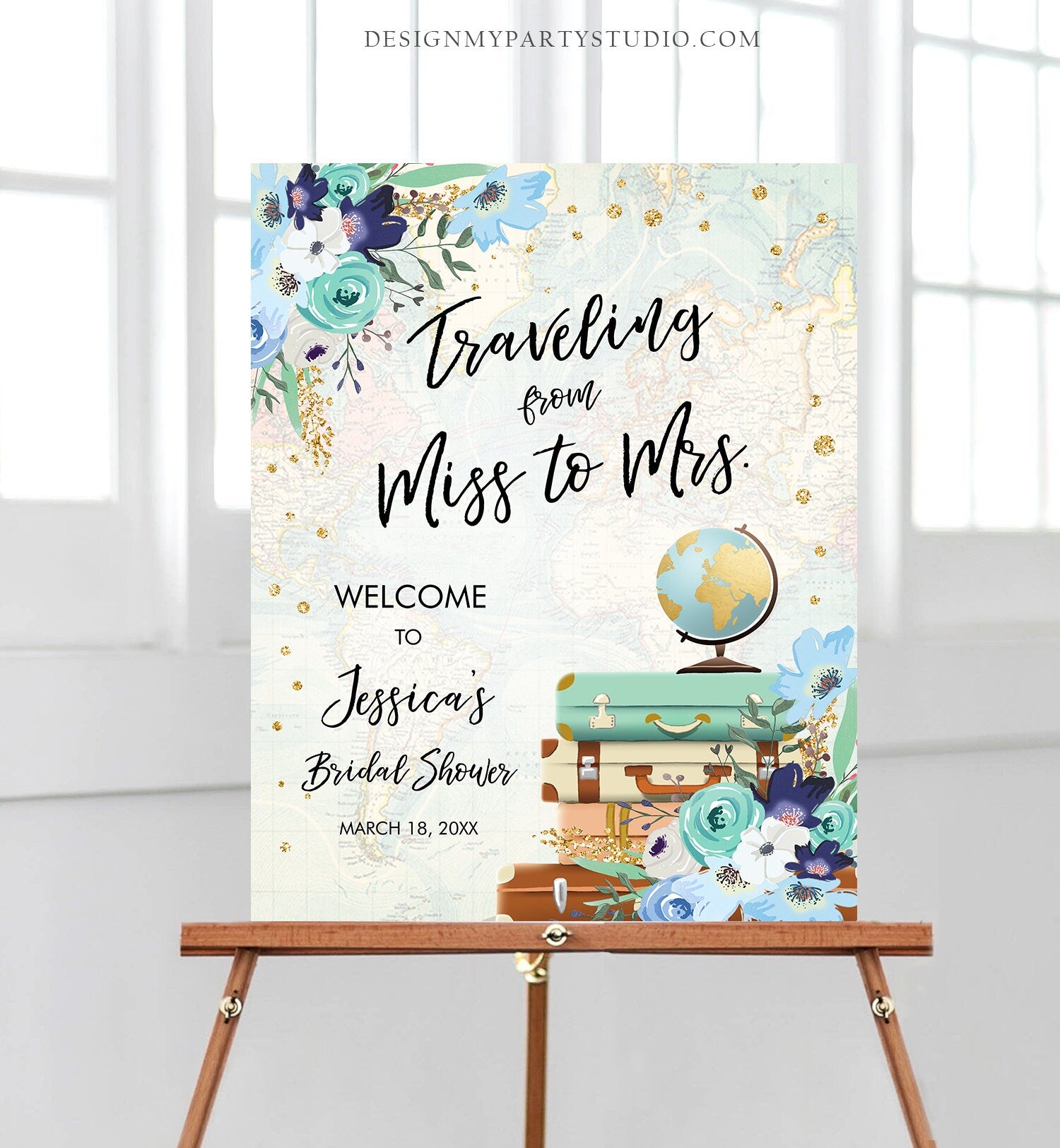 Editable Miss to Mrs Welcome Sign Bridal Shower Traveling From Miss to Mrs Adventure Love is a Journey Floral Blue Teal Corjl Template 0030