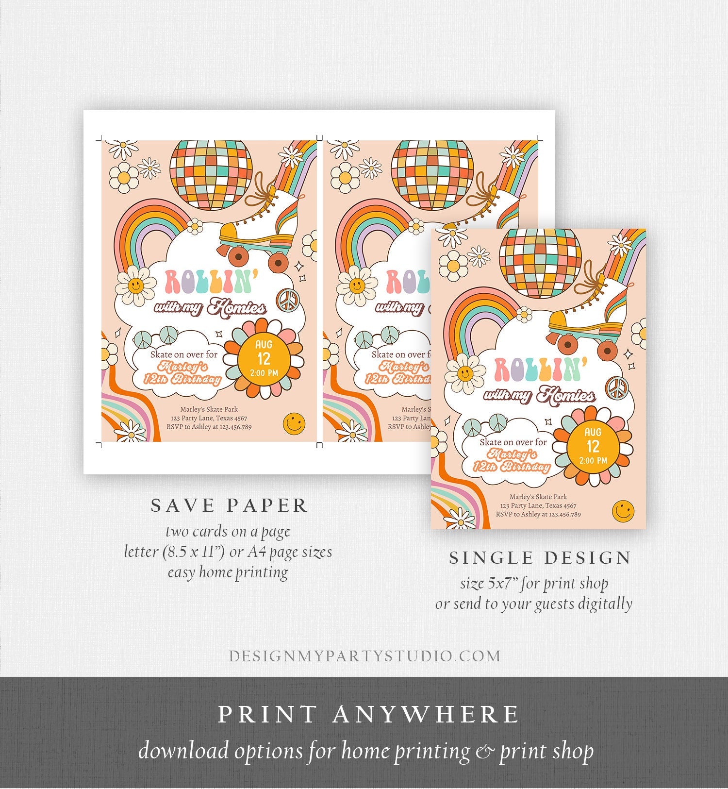 Editable Retro Roller Skate Birthday Party Invitation Rollin' With My Homies Skating 70's Skate Invite Download Template Corjl Digital 0459