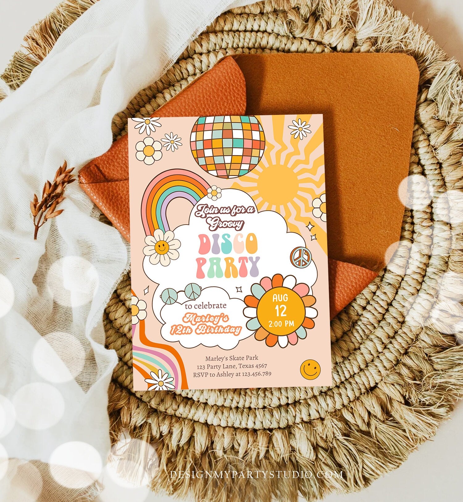 Editable Groovy Disco Birthday Party Invitation Disco Party Birthday Smiley Boho Retro 80's 70's Girl Download Template Corjl Digital 0459