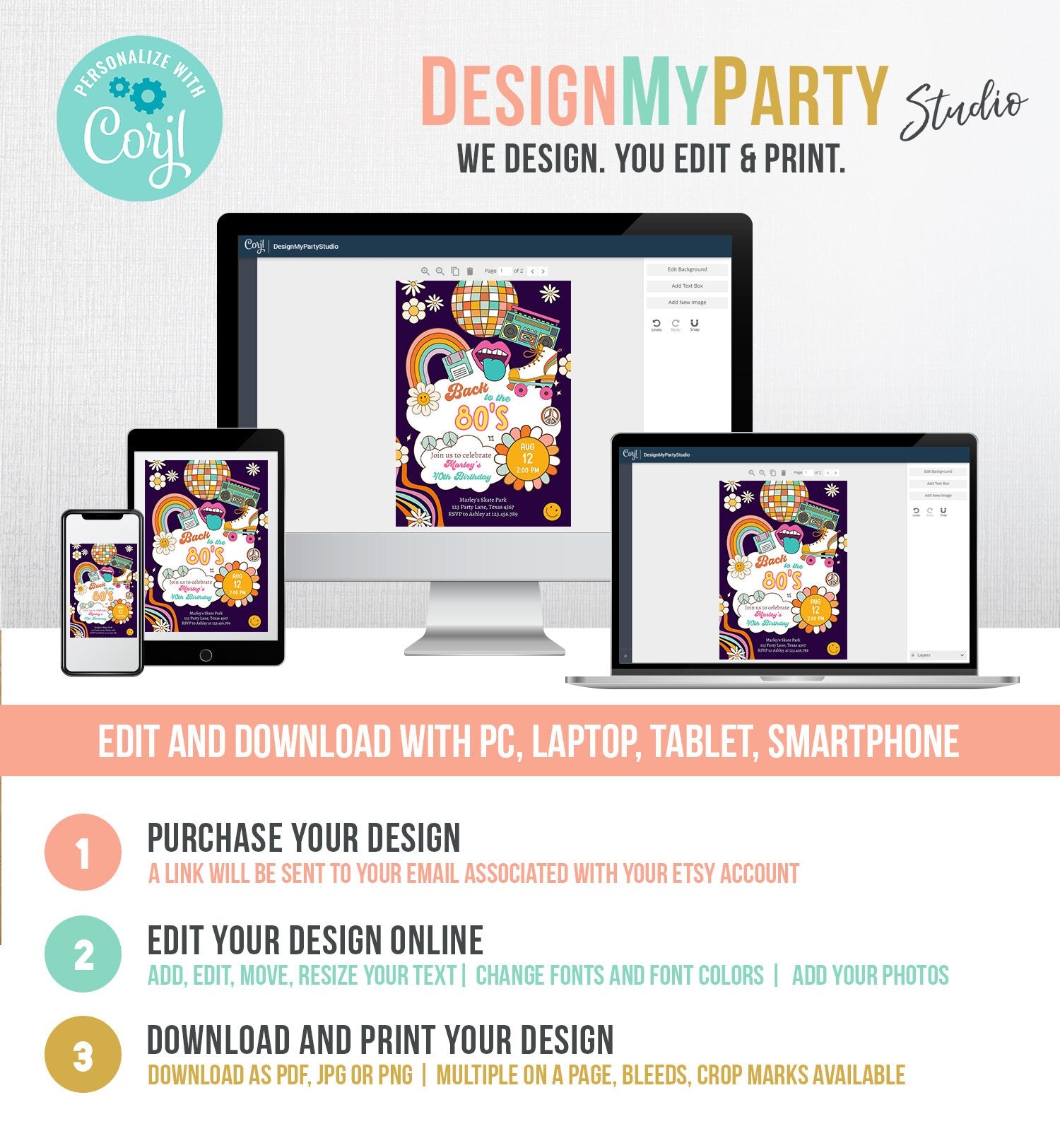 Editable 80s Birthday Party Invitation Back To The 80s Birthday Retro Rewind 1990 Disco Dance 30th 40th Download Template Corjl Digital 0459