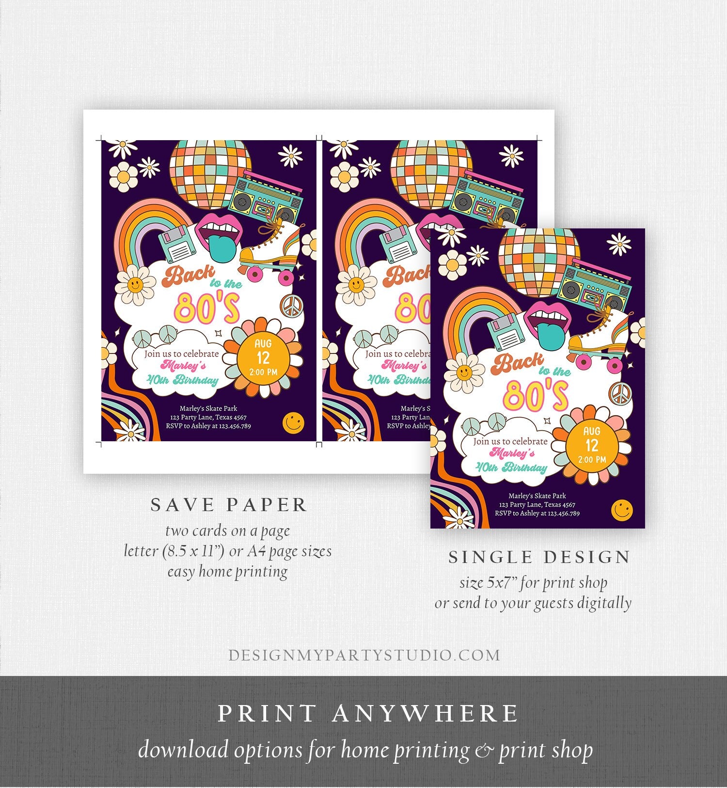 Editable 80s Birthday Party Invitation Back To The 80s Birthday Retro Rewind 1990 Disco Dance 30th 40th Download Template Corjl Digital 0459