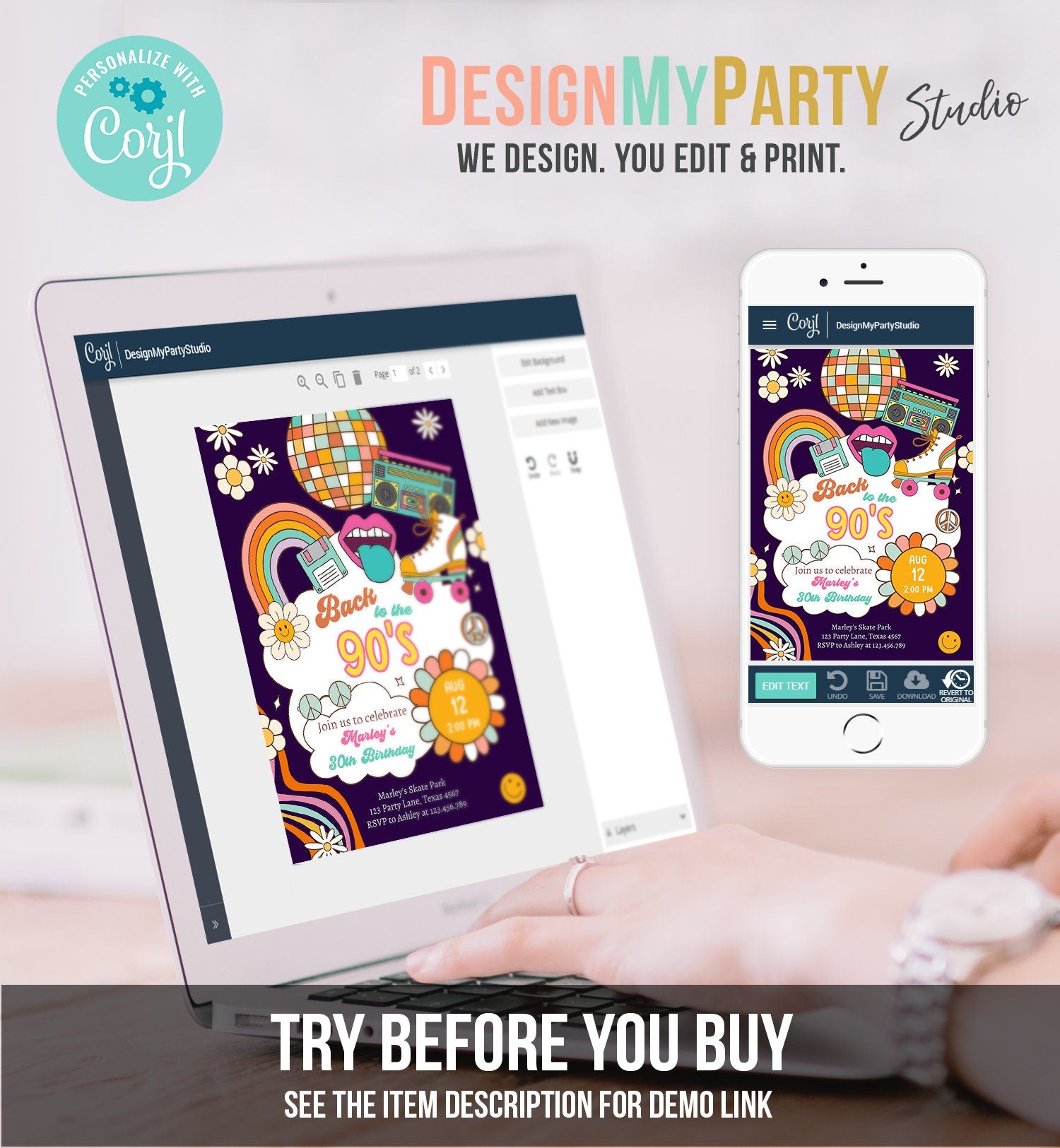 Editable 90s Birthday Party Invitation Back To The 90s Birthday Retro Rewind 1990 Disco Dance 30th 40th Download Template Corjl Digital 0459
