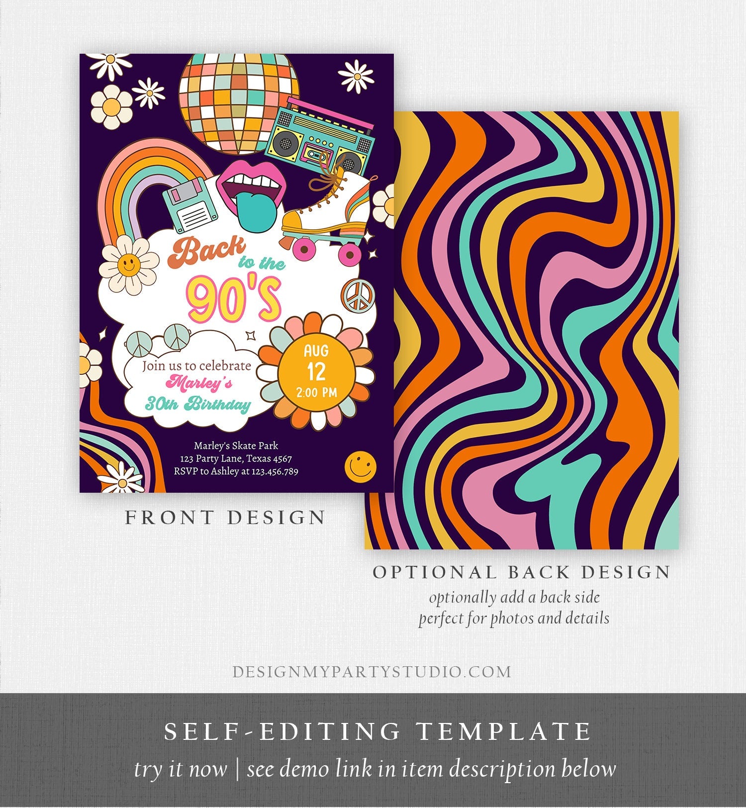 Editable 90s Birthday Party Invitation Back To The 90s Birthday Retro Rewind 1990 Disco Dance 30th 40th Download Template Corjl Digital 0459