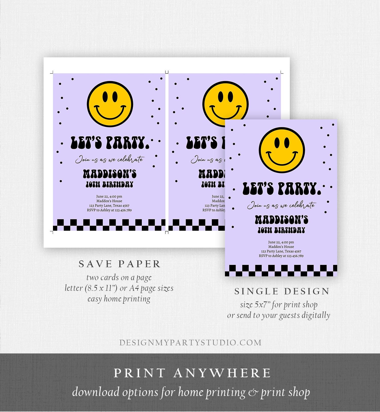 Editable Smiley Birthday Invitation Girl Smiley Face Invite Let's Party Teen 10th 13th 15th Download Printable Template Digital Corjl 0456