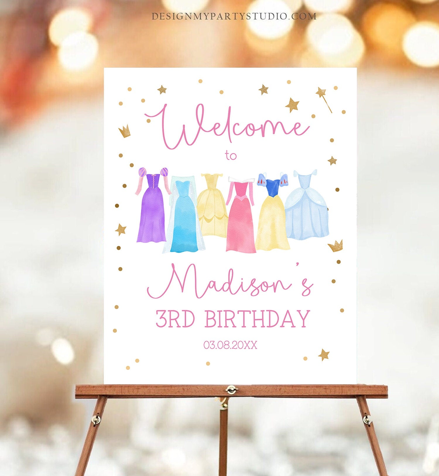 Editable Princess Birthday Welcome Sign Girl Princess Welcome Royal Dress-up Party Costume Pink Gold Girls Template Corjl PRINTABLE 0462