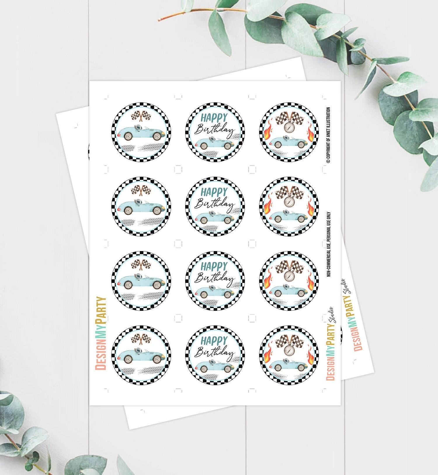 Racing Car Birthday Cupcake Toppers Vintage Race Car Blue Boy Two Fast Two Curious Favor Tag Stickers Instant Download PRINTABLE 0424