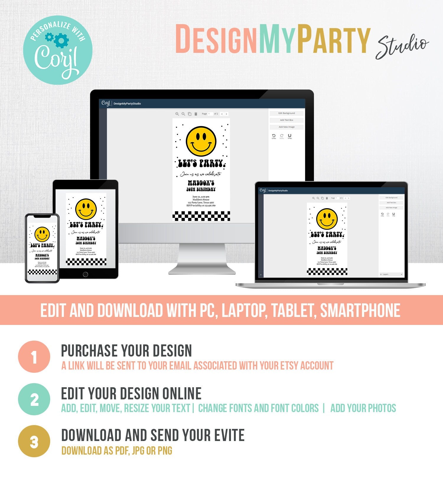 Editable Smiley Birthday Evite Boy Smiley Face Invitation Let's Party Teen 10th 13th 15th Download Digital Phone Template Digital Corjl 0456