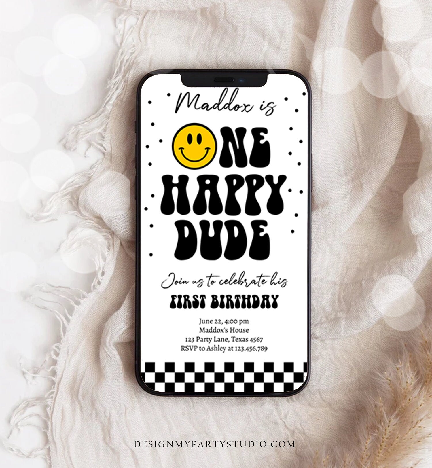 Editable One Happy Dude Birthday Evite Boy 1st Birthday Invitation Smiley Face Birthday Girl Download Phone Template Digital Corjl 0456