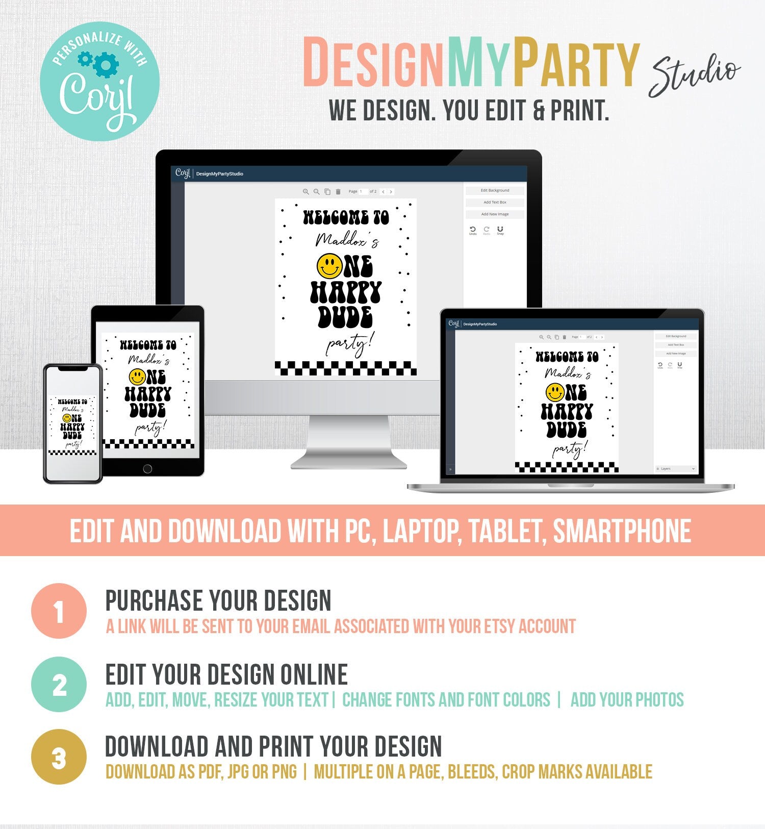Editable Smiley Face Welcome Sign One Happy Dude Birthday Welcome Poster Boy 1st Birthday Teen Checkered Decor Template Corjl PRINTABLE 0456