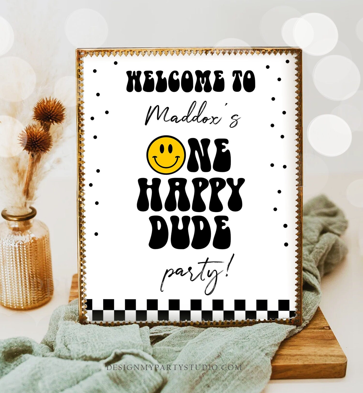 Editable Smiley Face Welcome Sign One Happy Dude Birthday Welcome Poster Boy 1st Birthday Teen Checkered Decor Template Corjl PRINTABLE 0456