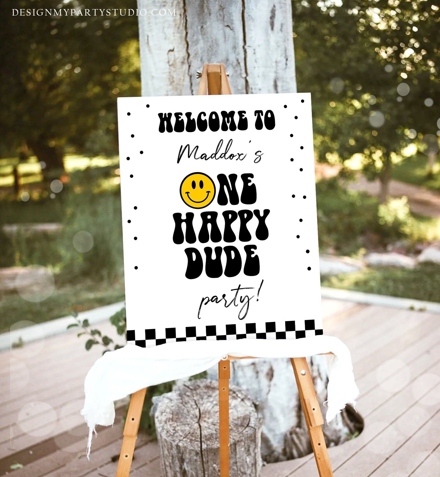 Editable Smiley Face Welcome Sign One Happy Dude Birthday Welcome Poster Boy 1st Birthday Teen Checkered Decor Template Corjl PRINTABLE 0456
