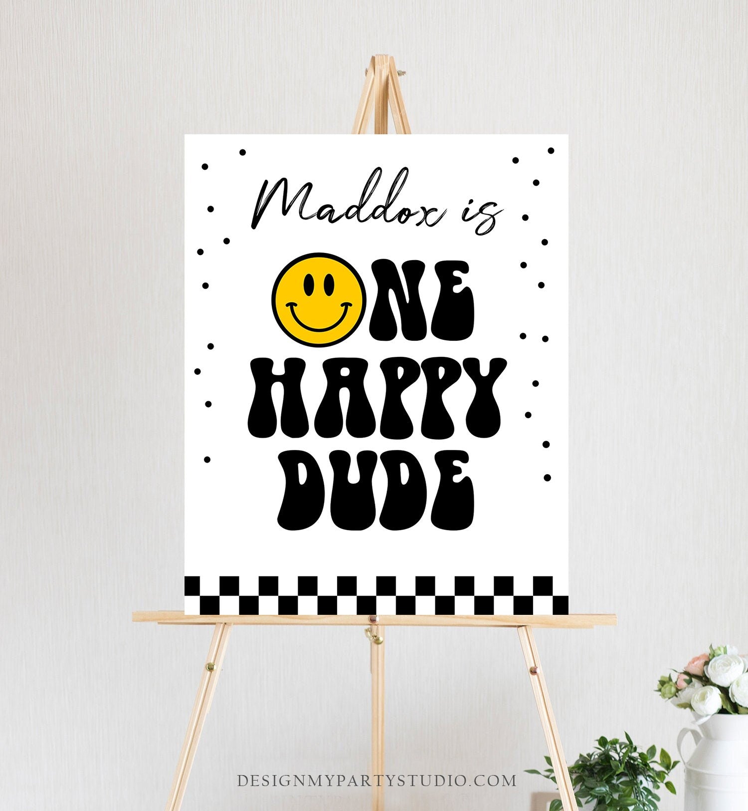 Editable Smiley Face Welcome Sign One Happy Dude Birthday Welcome Poster Boy 1st Birthday Photo Prop Decor Template Corjl PRINTABLE 0456