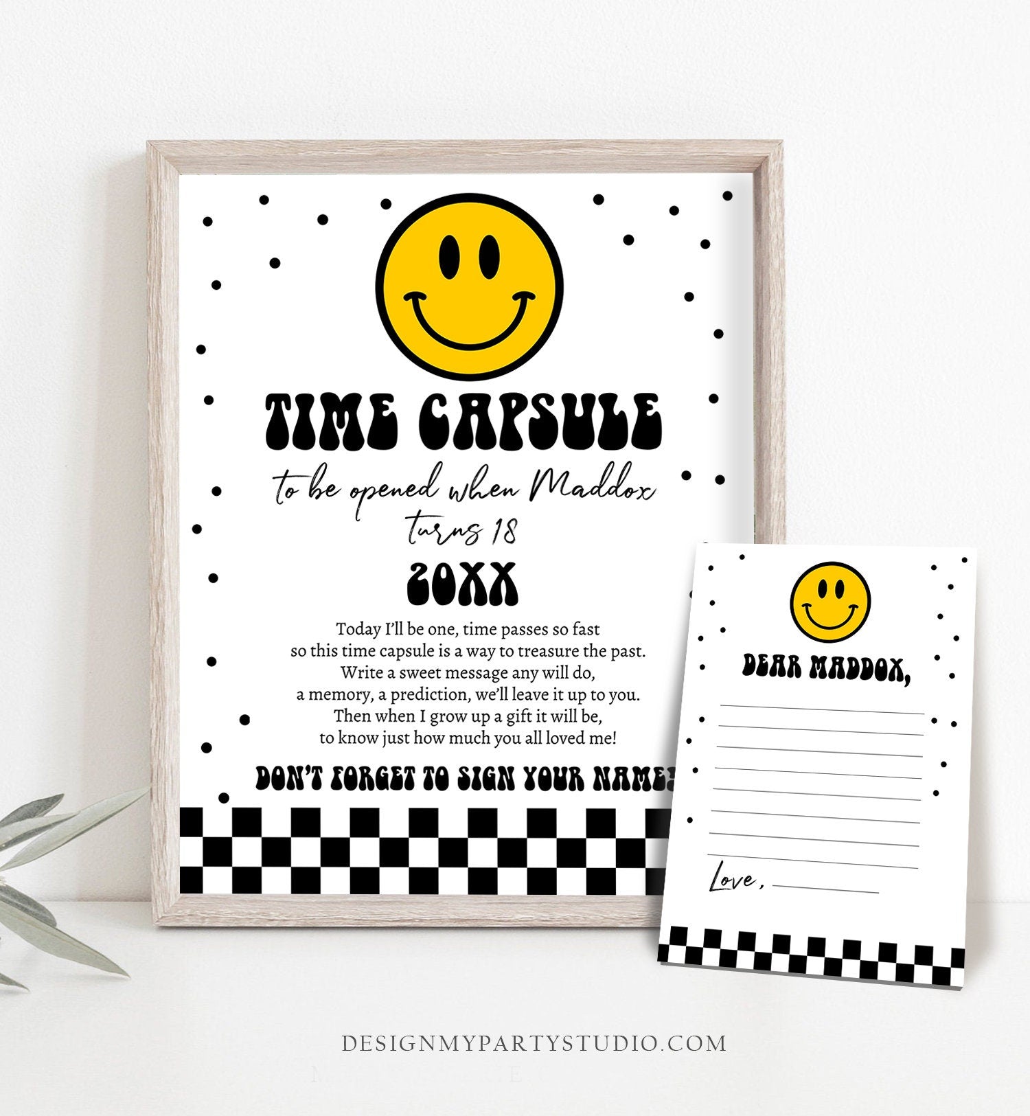Editable Smiley Face Time Capsule First Birthday Party One Happy Dude Boy 1st Smiley Birthday Party Guestbook Template Printable Corjl 0456