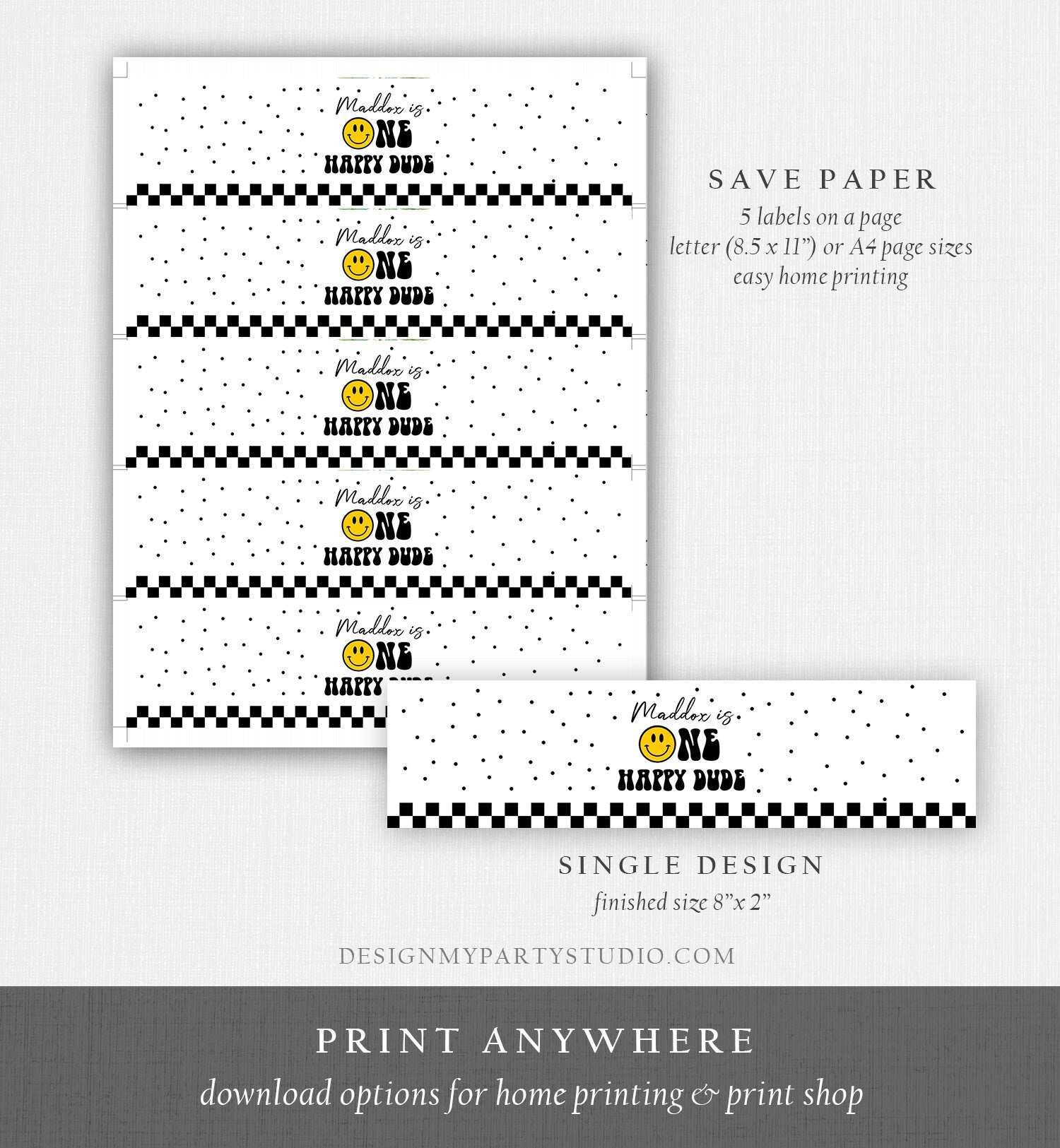 Editable One Happy Dude Birthday Water Bottle Labels Boy 1st Birthday Party Decor Smiley Face Birthday Smiley Printable Template Corjl 0456