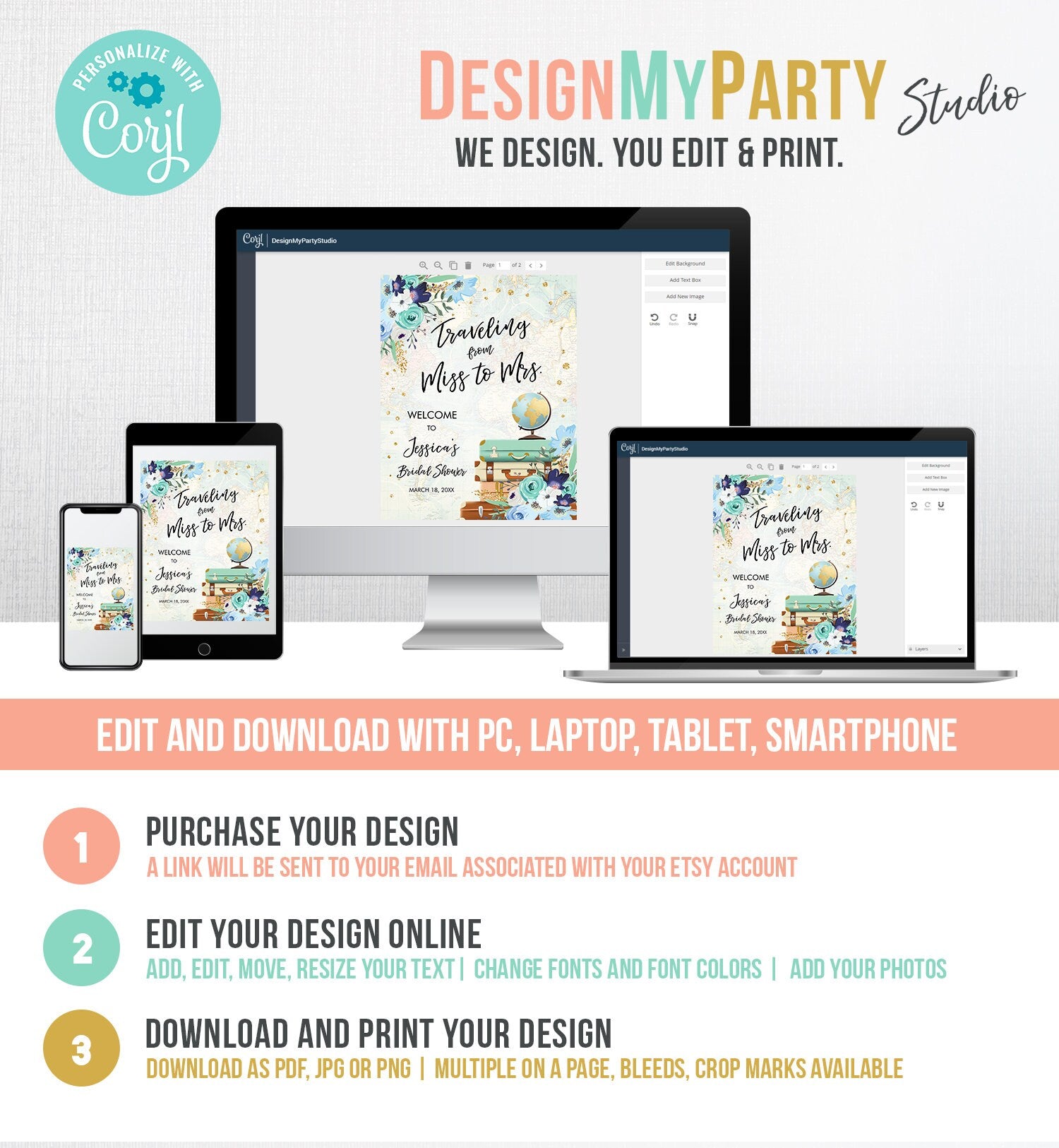 Editable Miss to Mrs Welcome Sign Bridal Shower Traveling From Miss to Mrs Adventure Love is a Journey Floral Blue Teal Corjl Template 0030