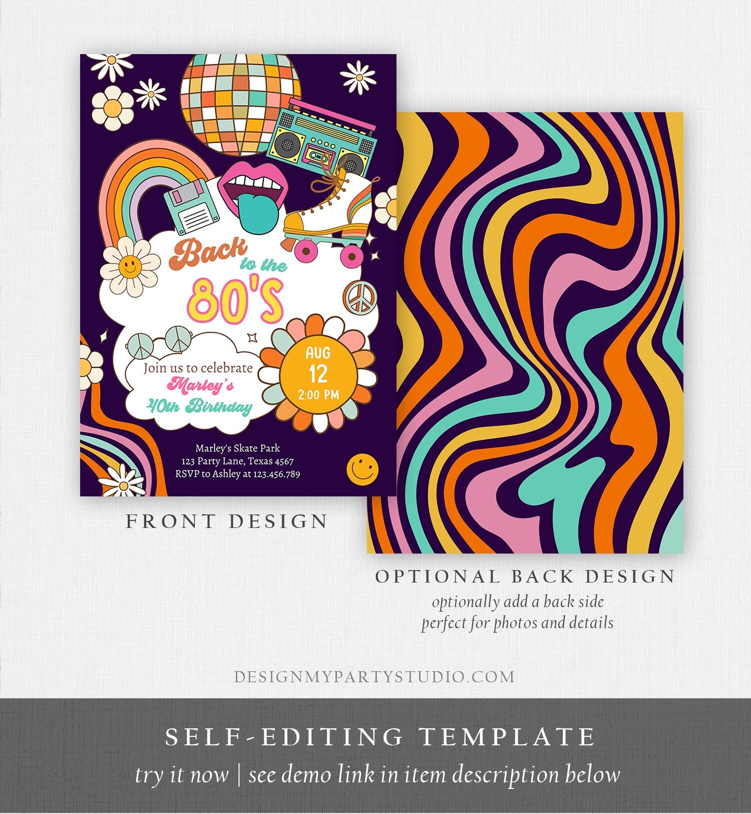 Editable 80s Birthday Party Invitation Back To The 80s Birthday Retro Rewind 1990 Disco Dance 30th 40th Download Template Corjl Digital 0459