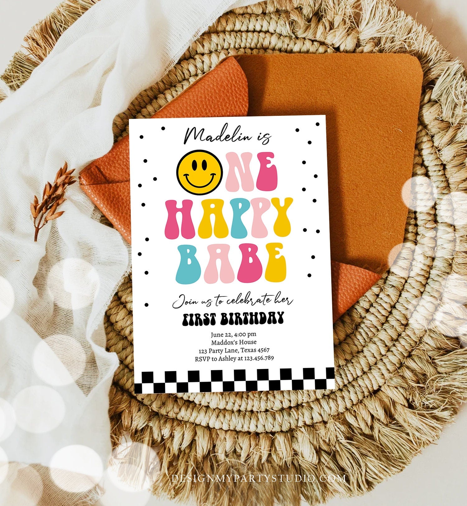 Editable One Happy Babe Birthday Invitation Girl 1st Birthday Invite Smiley Face Birthday Download Printable Template Digital Corjl 0456
