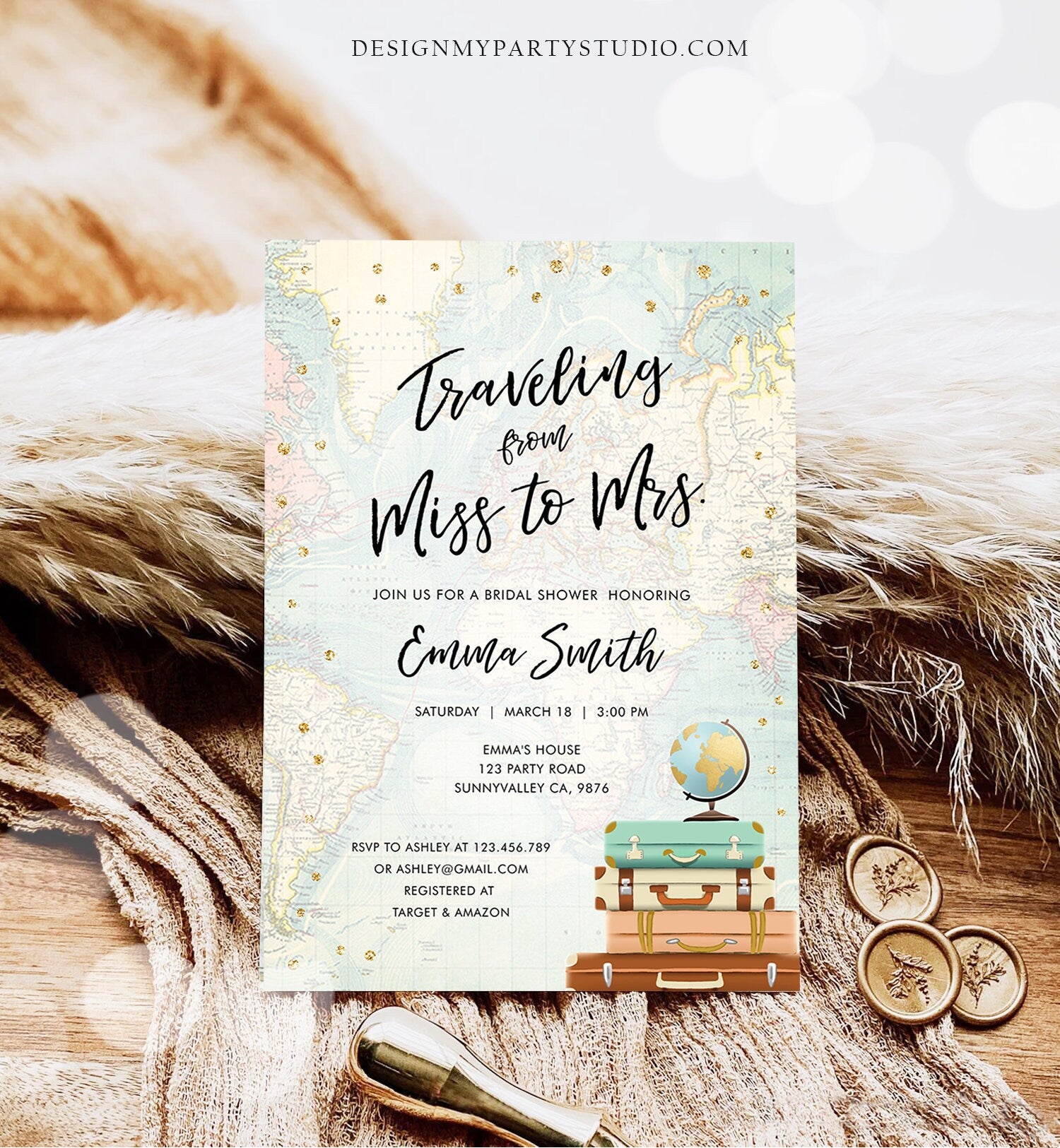 Editable Bridal Shower Invitation Traveling from Miss to Mrs Travel World Map Suitcase Vintage Floral Download Printable Template Corjl 0263