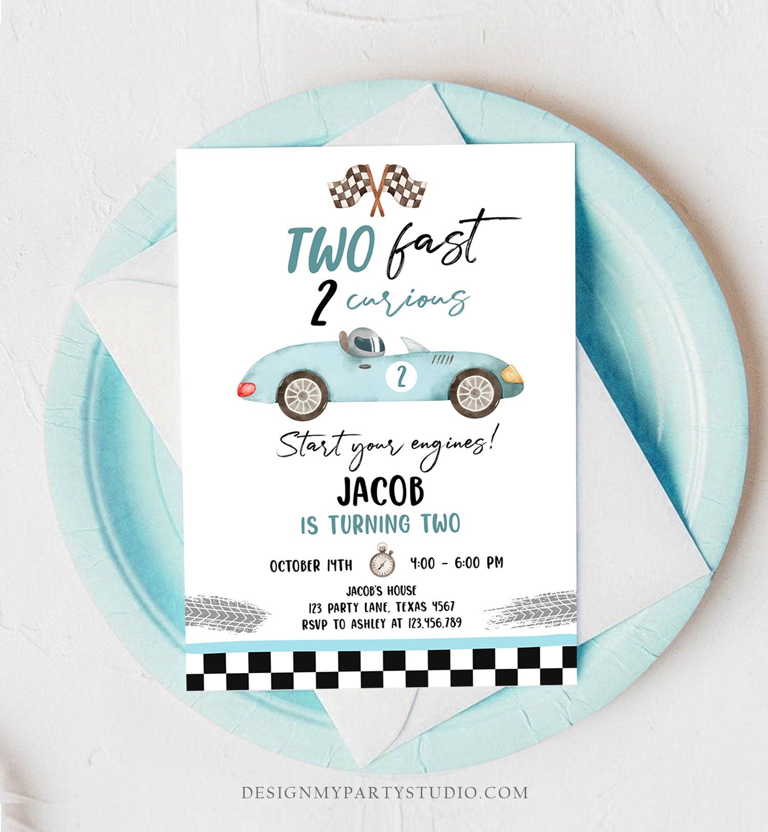 Editable Two Fast Birthday Invitation 2 Curious Party Race Car Second Birthday 2nd Racing Boy Download Printable Template Digital Corjl 0424