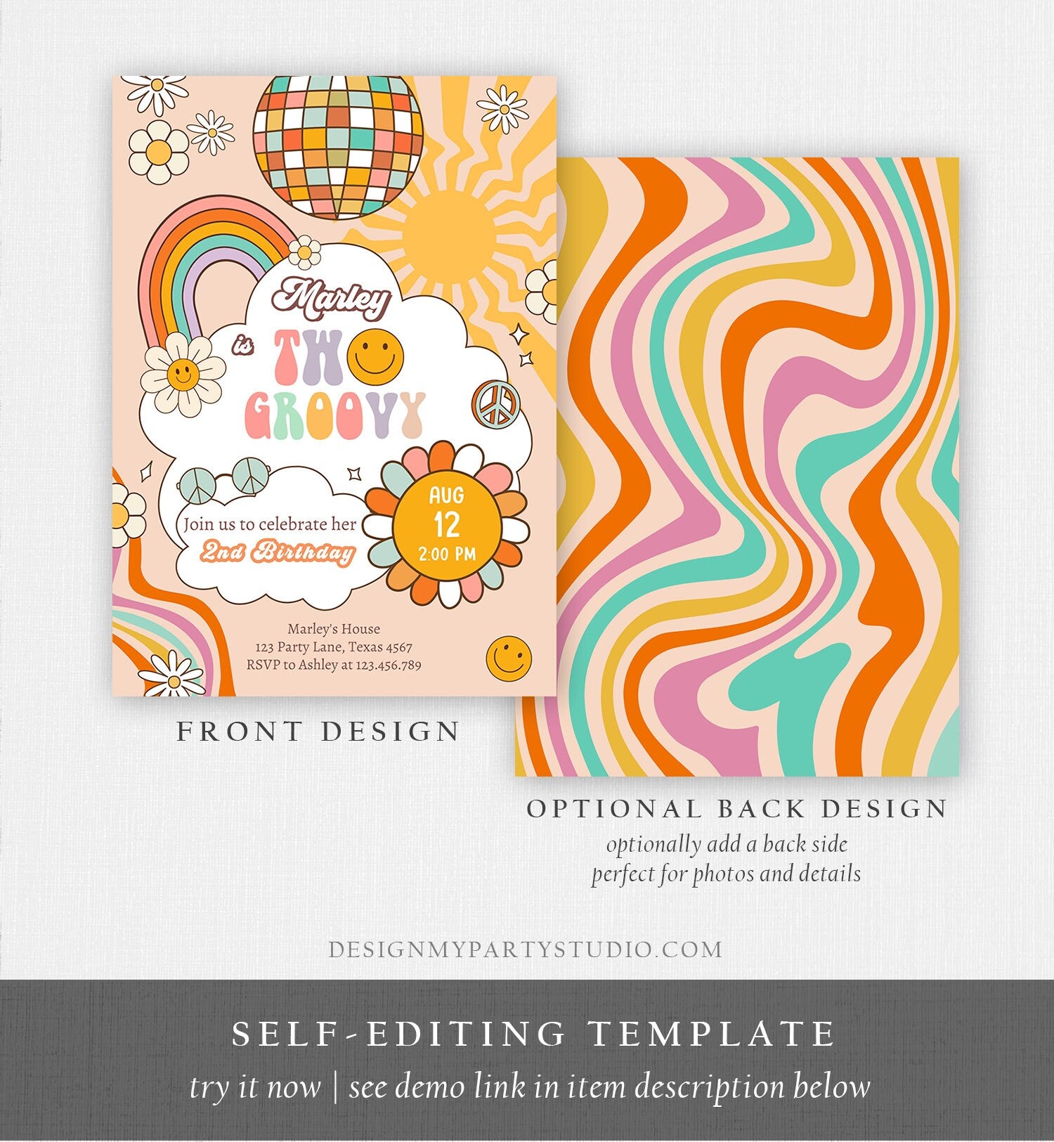 Editable Two Groovy Birthday Party Invitation 2nd Birthday Boho Retro Flower Power 70's Daisy Smiley Download Template Corjl Digital 0459