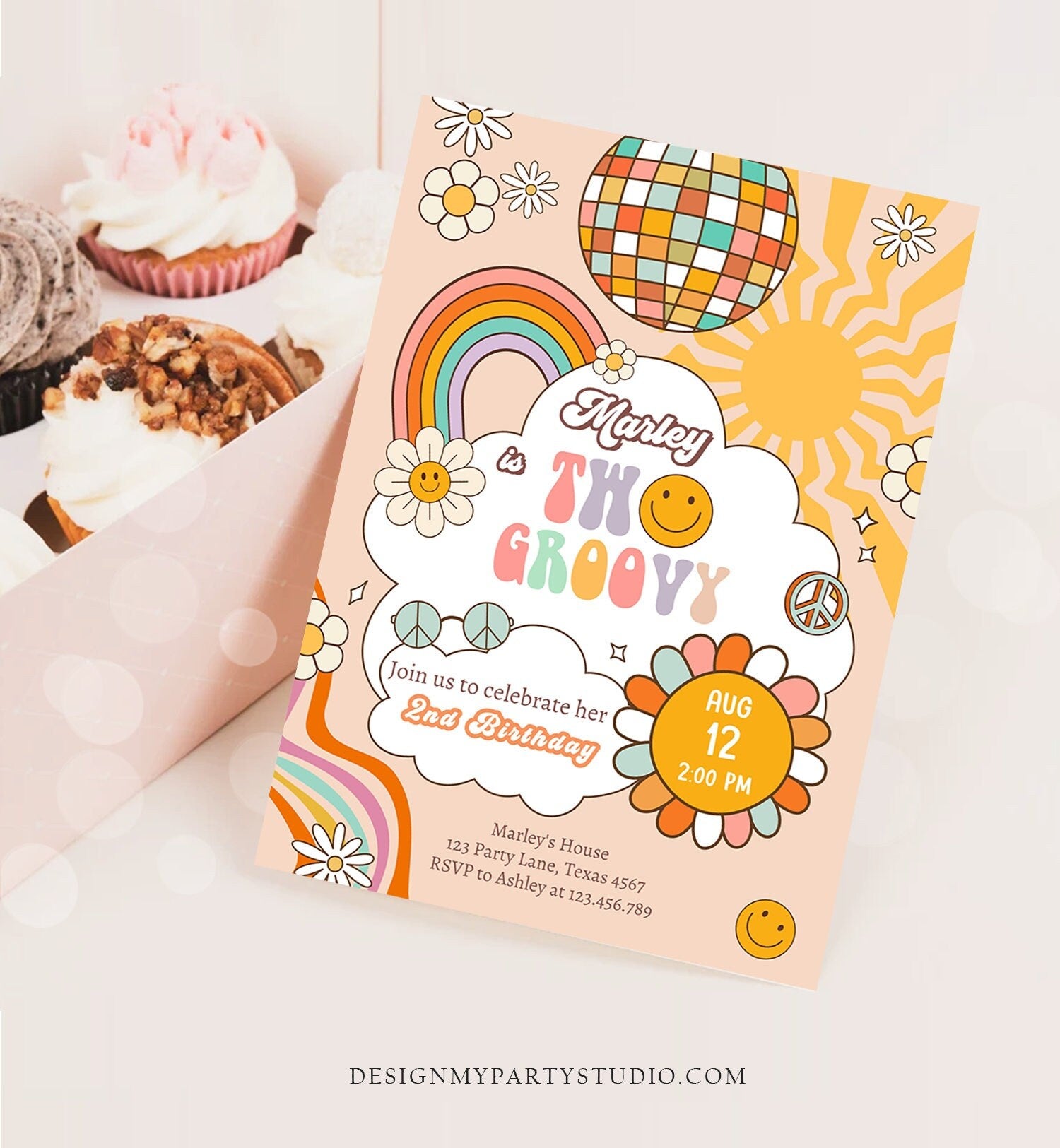 Editable Two Groovy Birthday Party Invitation 2nd Birthday Boho Retro Flower Power 70's Daisy Smiley Download Template Corjl Digital 0459