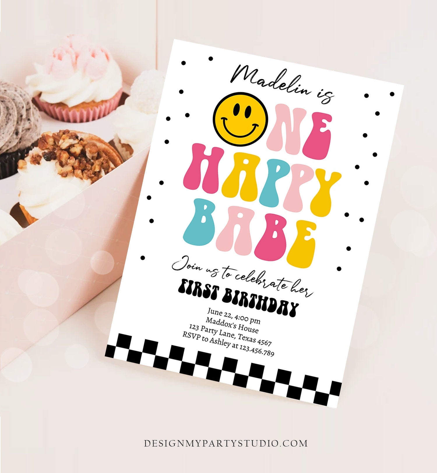 Editable One Happy Babe Birthday Invitation Girl 1st Birthday Invite Smiley Face Birthday Download Printable Template Digital Corjl 0456