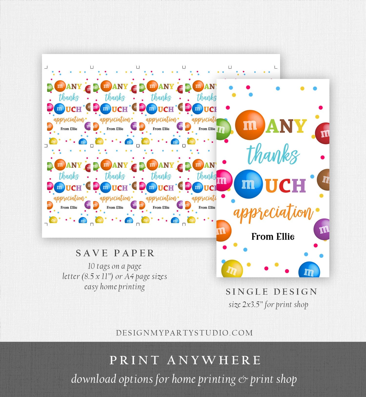 Editable M&M Candy Tag Many Thanks Teacher Appreciation Tag Candy Gift Tag Employee Coworker Staff Thank You Corjl Template Printable 0464