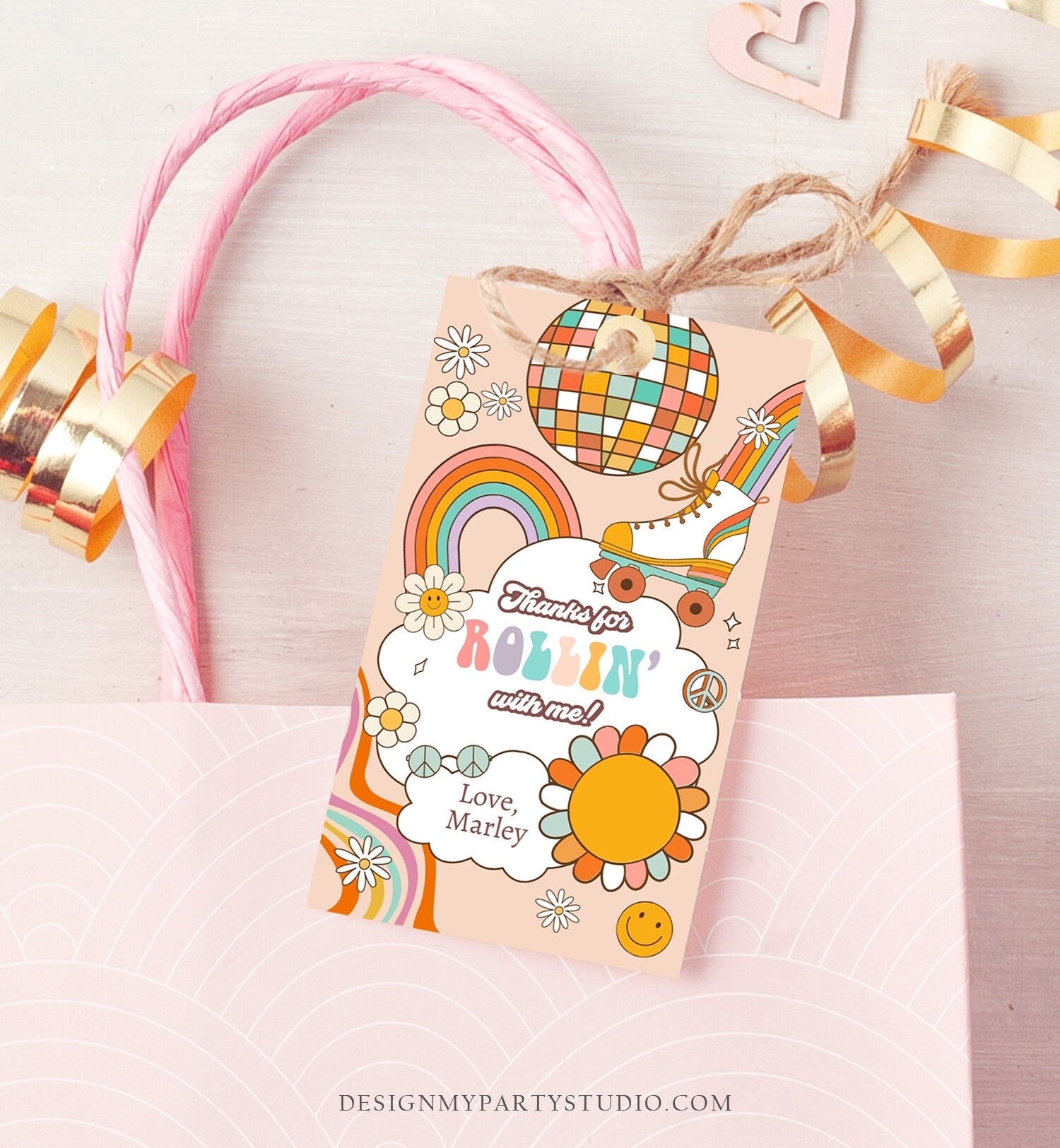 Editable Roller Skating Favor Tag Roller Skate Birthday Thank You Tags Girl Retro Skate Party Disco Download Printable Corjl Template 0459