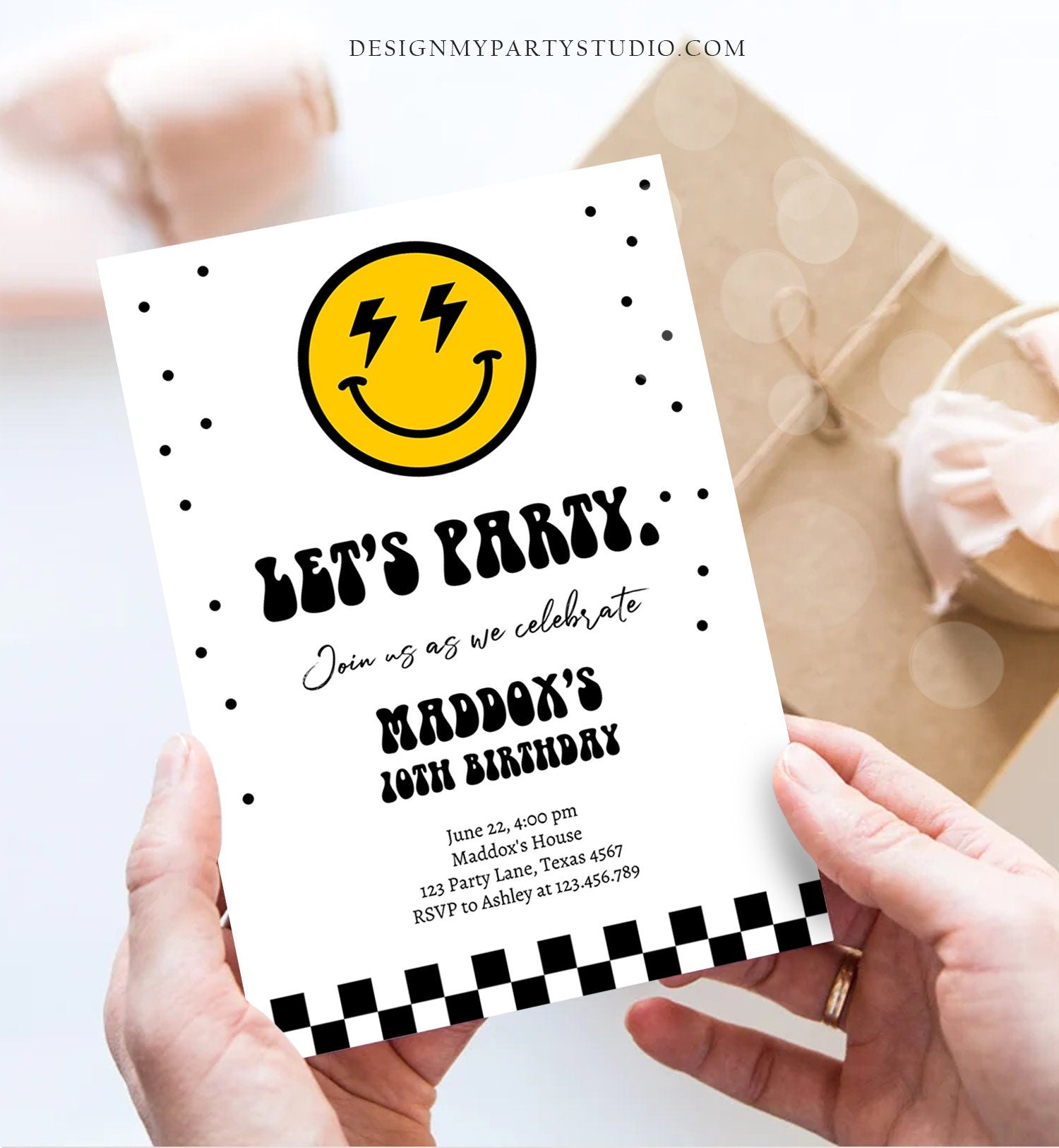 Editable Smiley Birthday Invitation Boy Smiley Face Invite Let's Party Teen 10th 13th 15th Download Printable Template Digital Corjl 0456