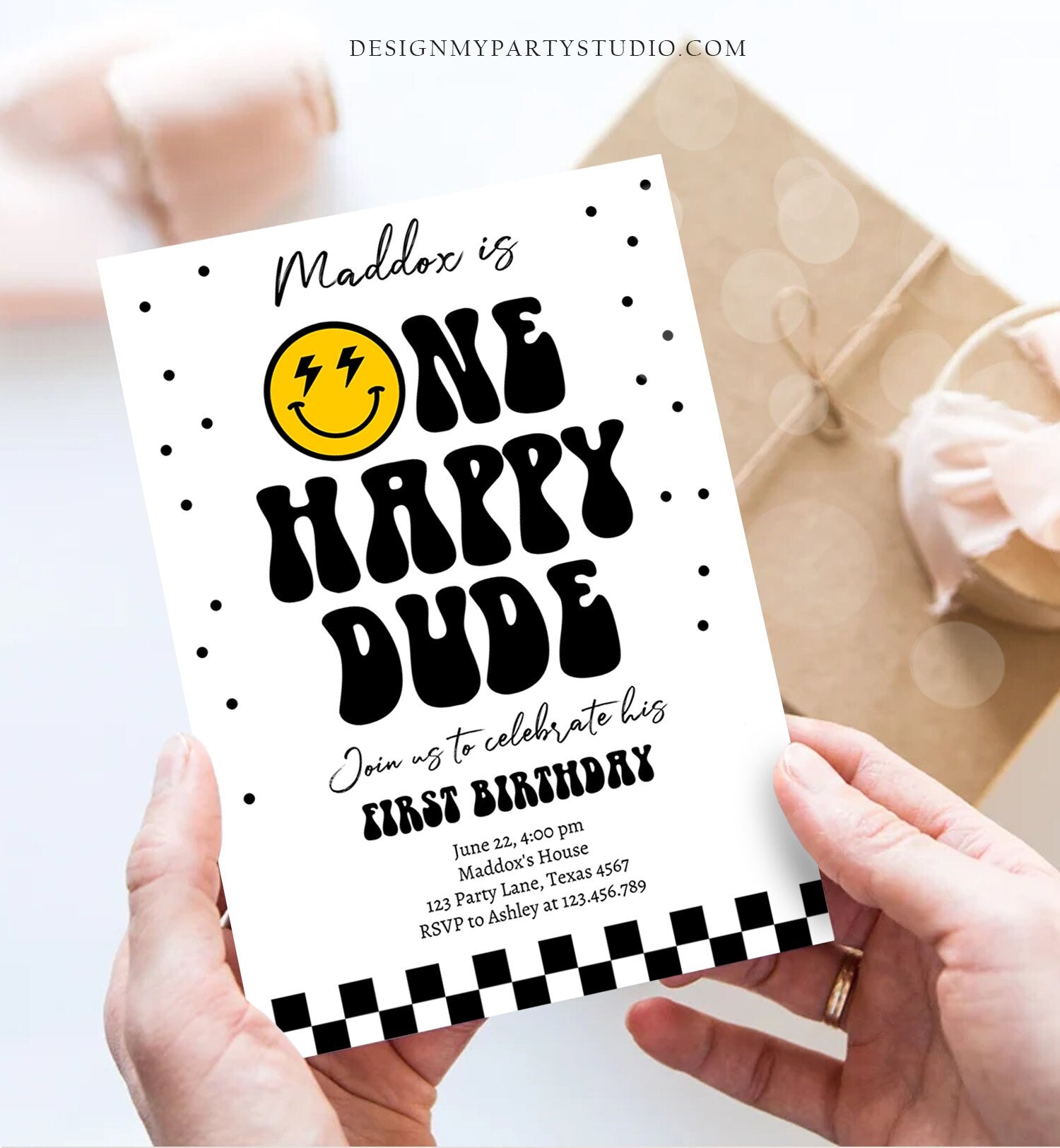 Editable One Happy Dude Birthday Invitation Boy 1st Birthday Invite Smiley Face Birthday Girl Download Printable Template Digital Corjl 0456