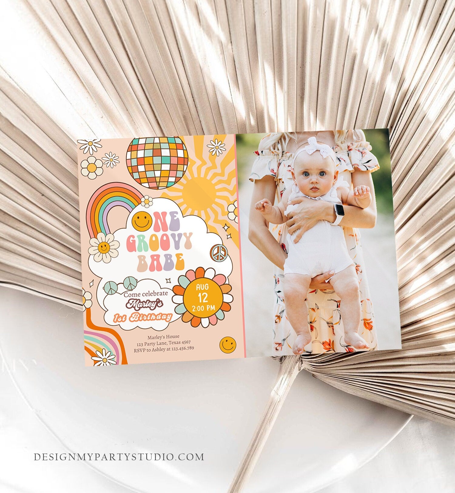 Editable Groovy One Retro 1st Birthday Invitation First Birthday One Groovy Babe Invite Peace Love Download Template Corjl Digital 0459