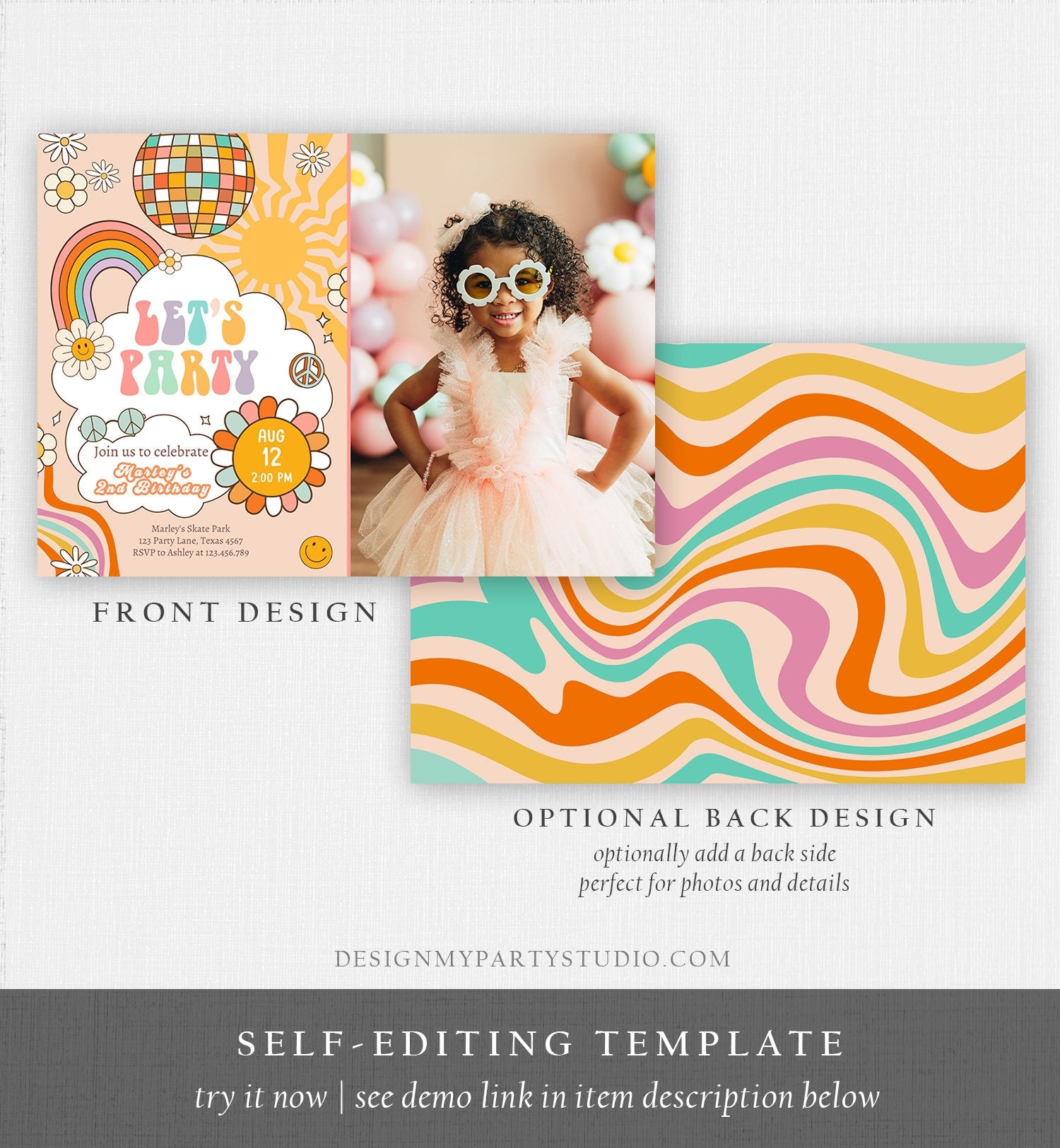 Editable Groovy Birthday Party Invitation Let's Party Birthday Smiley Boho Retro Flower Power 70's Girl Download Template Corjl Digital 0459
