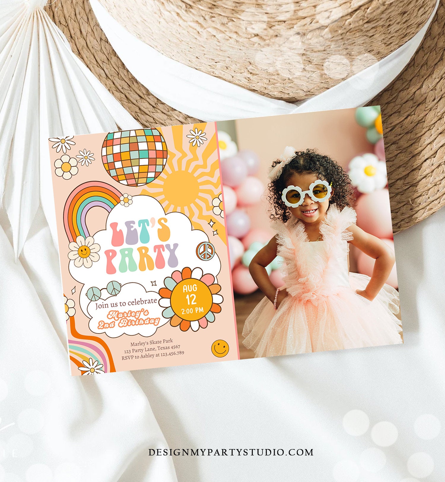 Editable Groovy Birthday Party Invitation Let's Party Birthday Smiley Boho Retro Flower Power 70's Girl Download Template Corjl Digital 0459