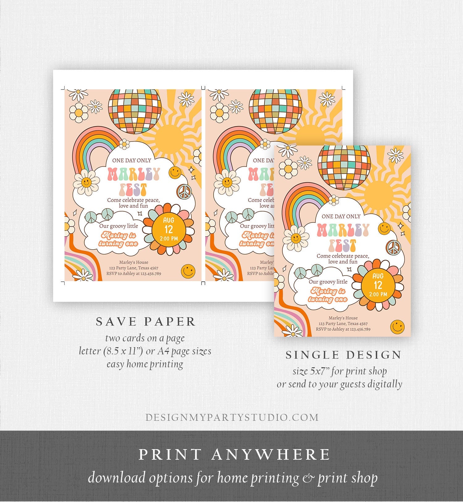 Editable Music Festival Birthday Party Invitation Floral Fest Birthday 70s 80s Groovy Peace Love Smiley Download Template Corjl Digital 0428