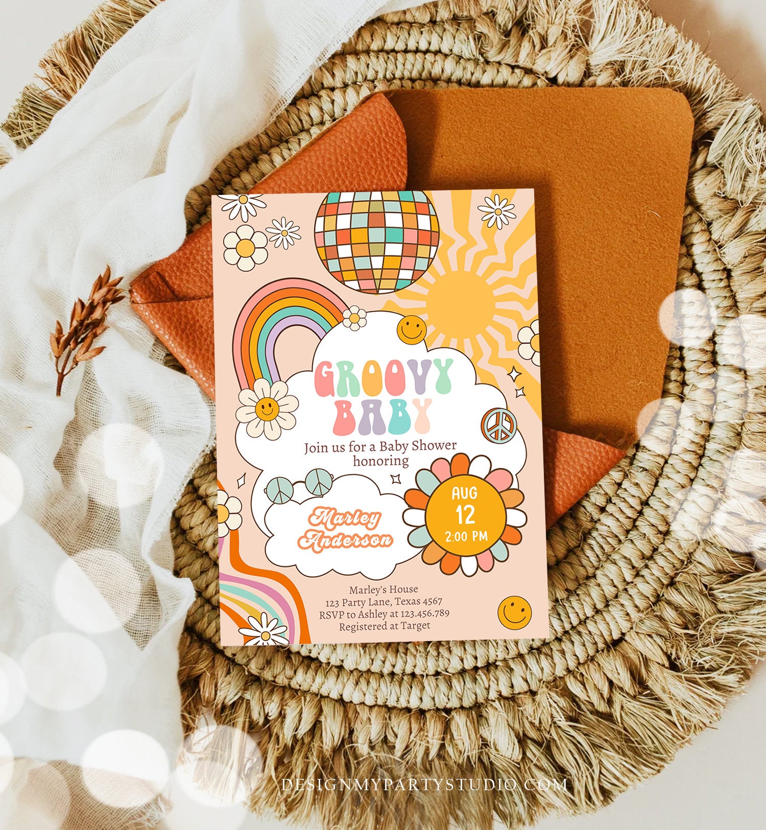 Editable Groovy Baby Shower Invitation Boho Daisy Rainbow Flower Power 70's Hippie Bohemian Download Printable Template Corjl Digital 0459