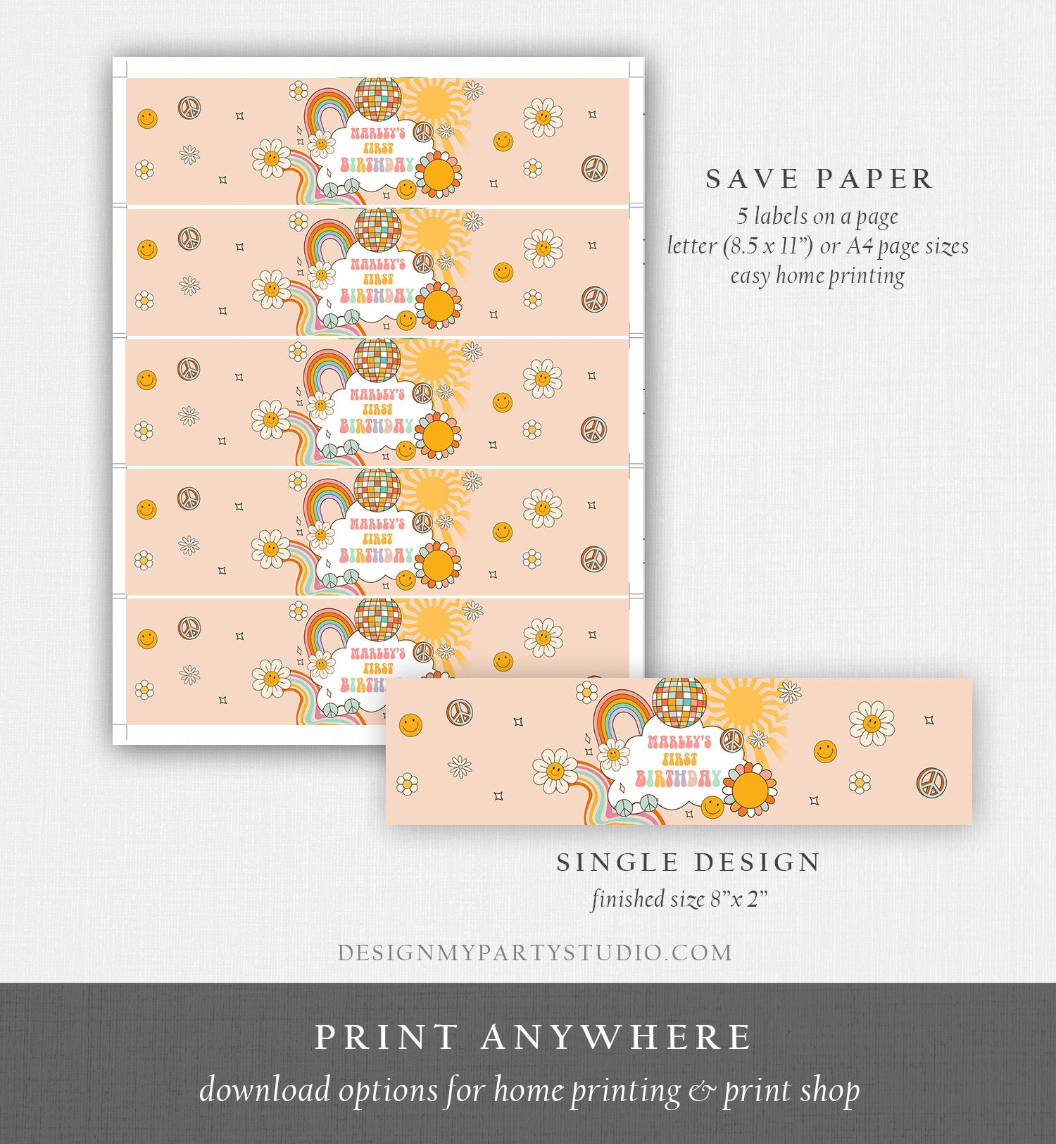 Editable Groovy Birthday Water Bottle Label Birthday Groovy Water Bottle Retro Flower Power Girl Printable Bottle Wrap Template Corjl 0459