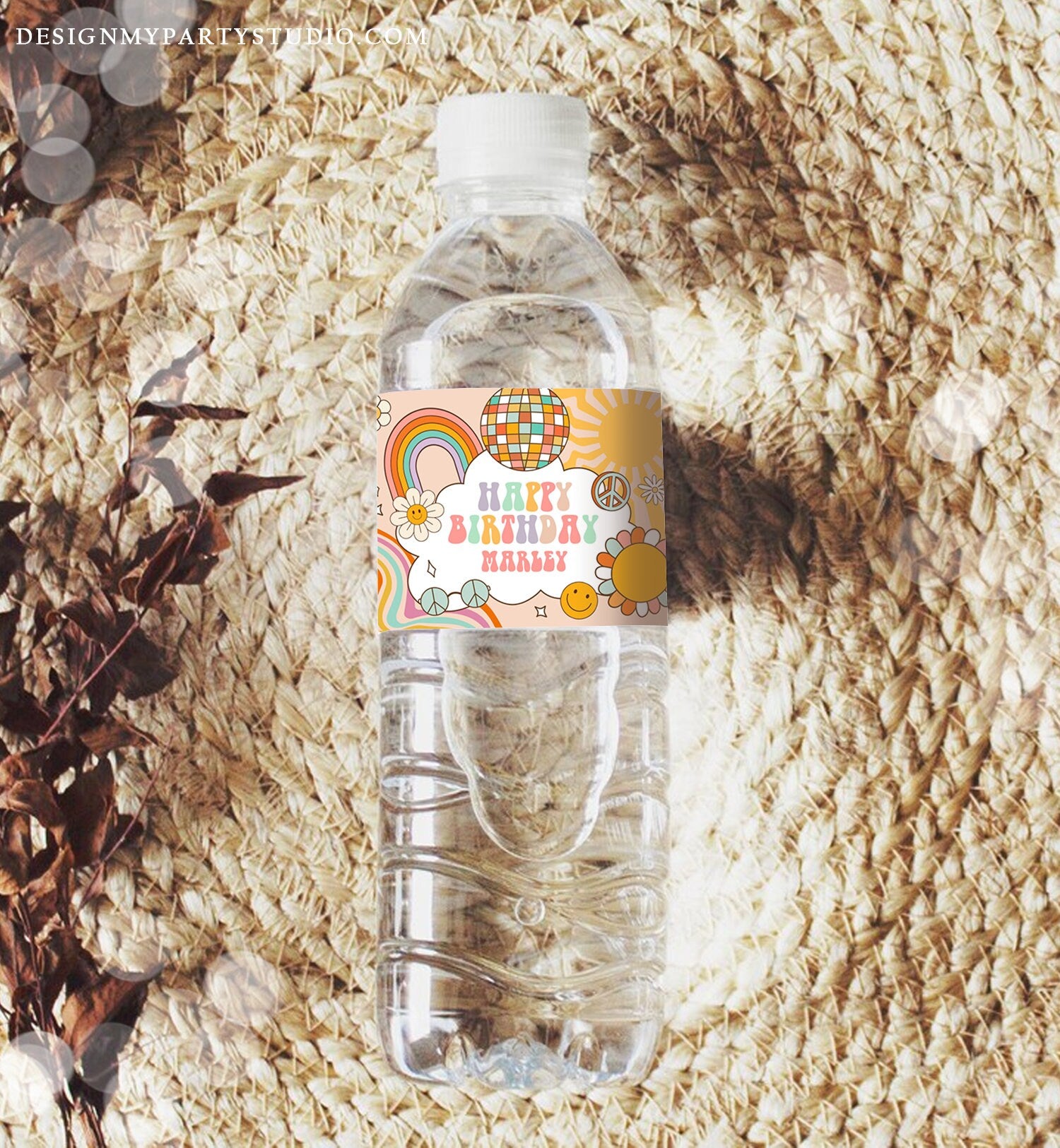 Editable Groovy Birthday Water Bottle Label Birthday Groovy Water Bottle Retro Flower Power Girl Printable Bottle Wrap Template Corjl 0459