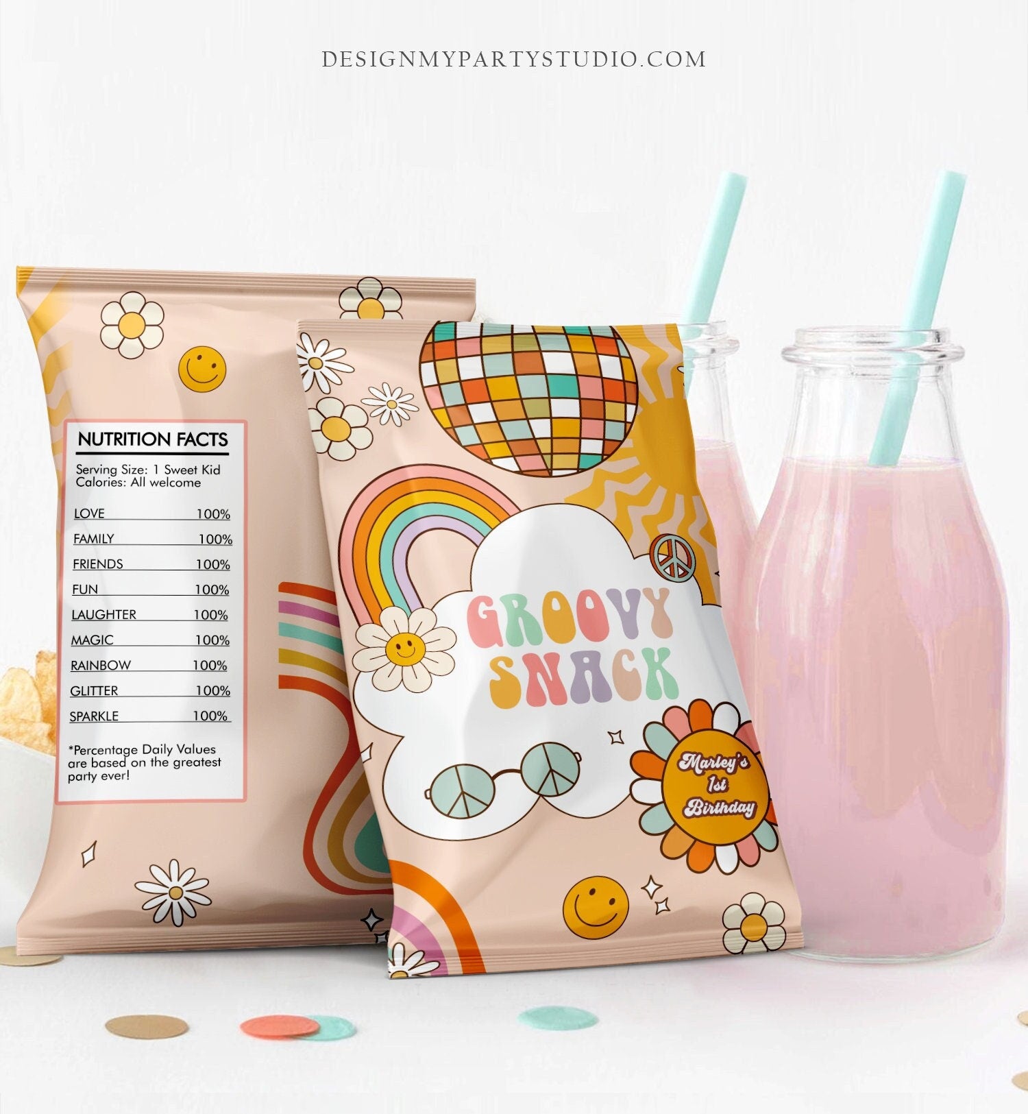 Editable Groovy Birthday Chip Bag Groovy Party Decor Girl Rainbow Flower Power Boho Retro Groovy Snack Favor Digital Corjl Template 0459