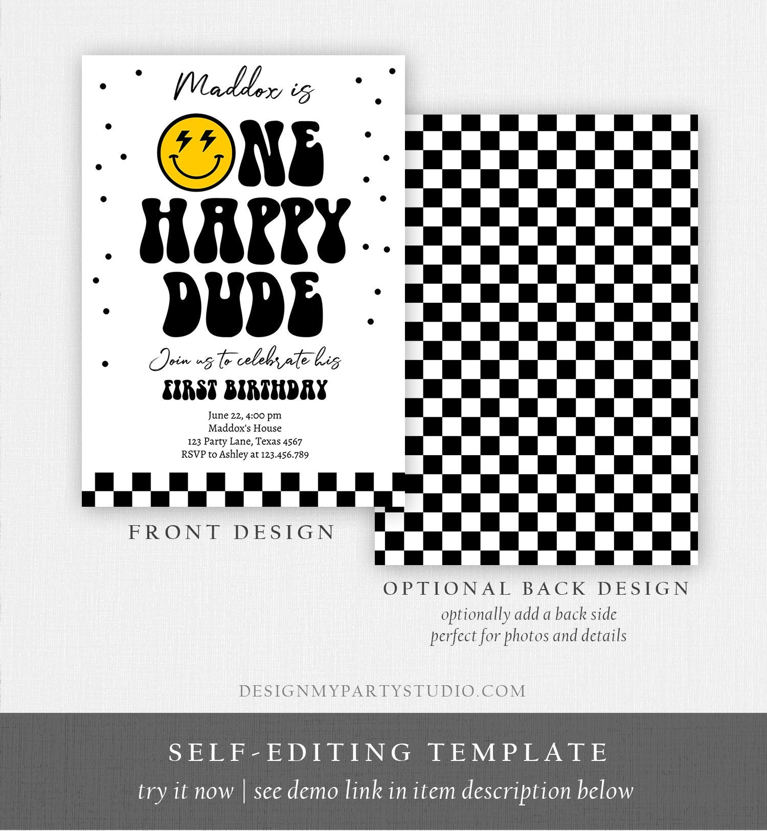 Editable One Happy Dude Birthday Invitation Boy 1st Birthday Invite Smiley Face Birthday Girl Download Printable Template Digital Corjl 0456